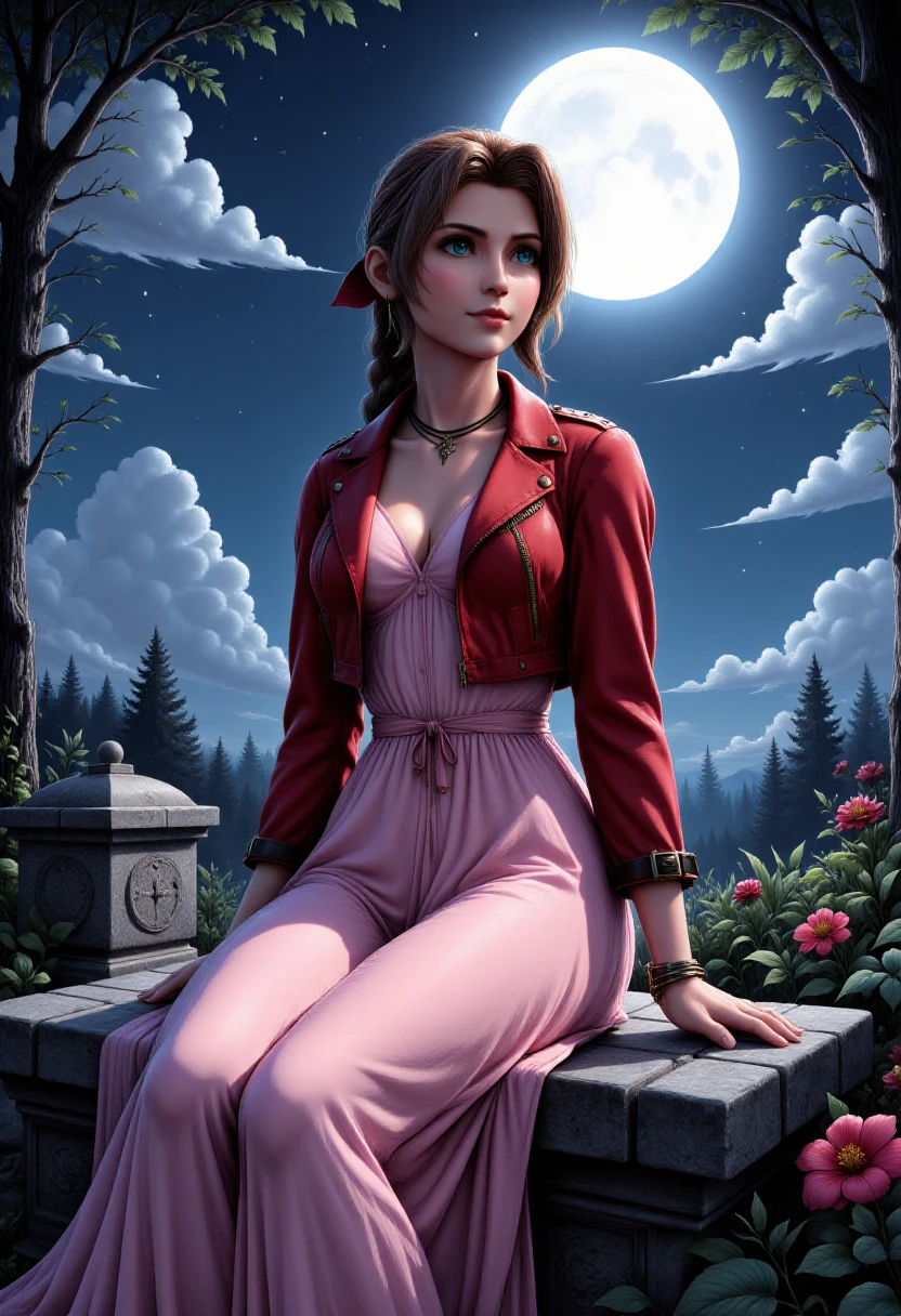 <lora:Aerith_Gainborough_on_Flux:1>  A captivating image of aer1th wearing a cropped red jacket, pink dress, and pink bow, sitting on a stone bench under a full moon, looking up to the clouds <lora:Ink_Art:0.8>