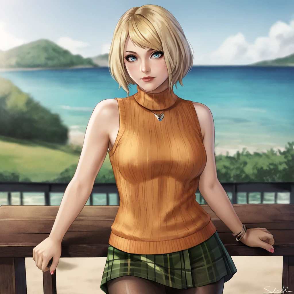 <lora:ashleyre4remake_pony_v1:.8>  Ashley, 1girl, short hair, blonde hair, sleeveless turtleneck, orange shirt, plaid skirt, blue eyes, pantyhose, lips, jewelry, bob cut, bracelet, bare shoulders, sweater