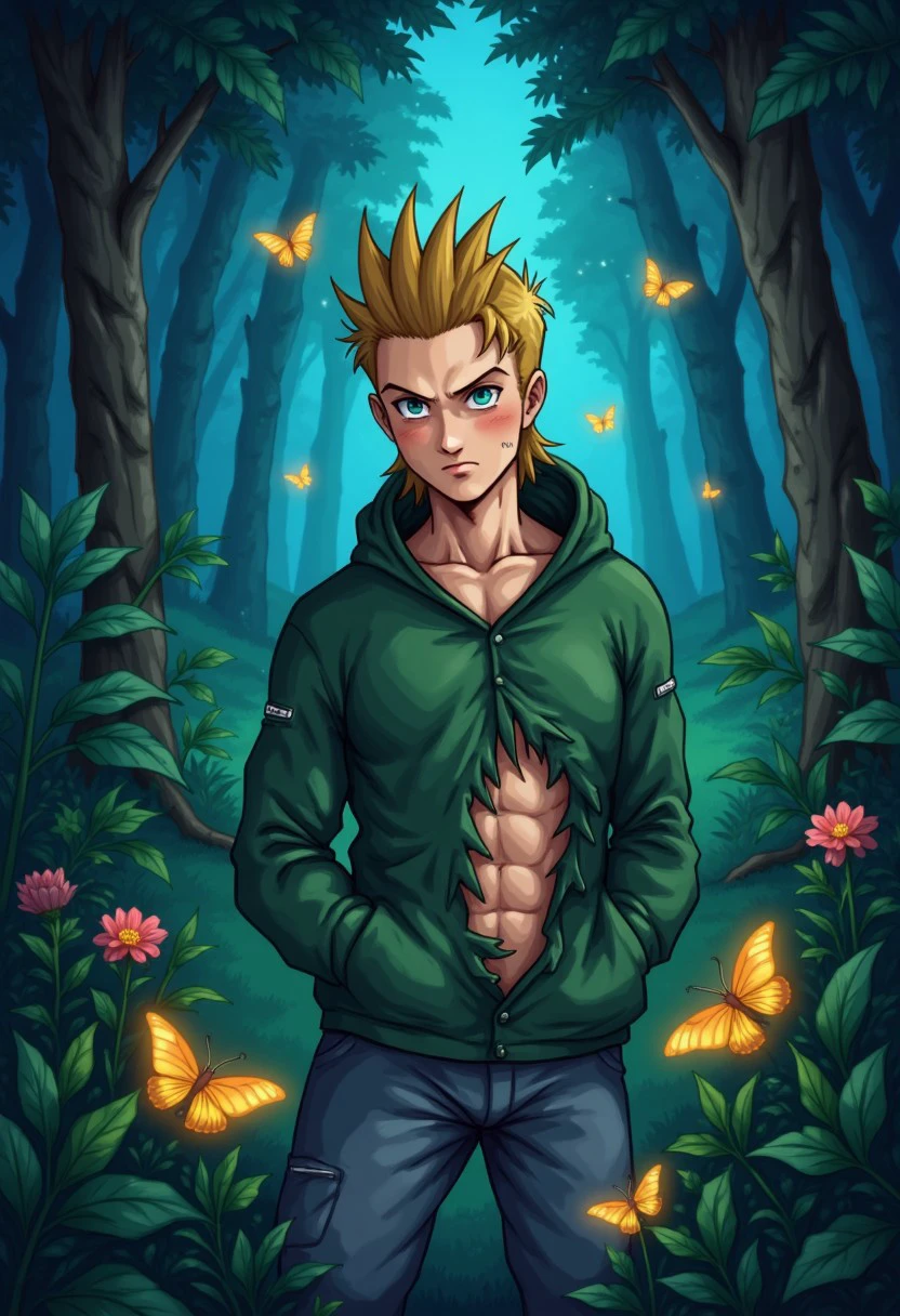 A Young man blonde hair green chaket whith hood and grey pants and black boots and green and blue eyes the chaket is broken and exposed the abs
BRAKE 
in alien forest, iluminated colors butterflys, night time, very stars in the sky