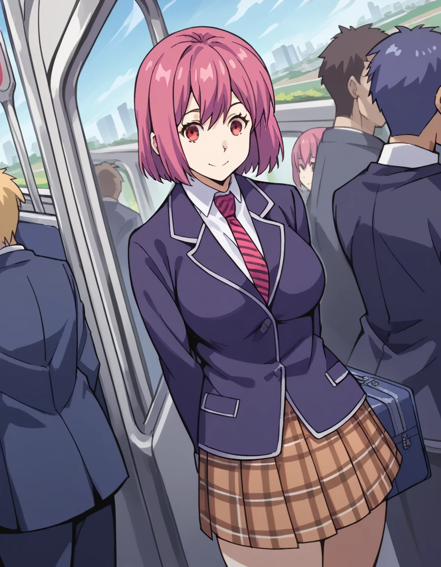 score_9, score_8_up, score_7_up, source_anime, <lora:hisako-arato-s1-ponyxl-lora-nochekaiser:1>, hisako arato, short hair, red eyes, pink hair, large breasts,, skirt, school uniform, jacket, pleated skirt, necktie, striped, plaid, plaid skirt, blazer, striped necktie,, train station, waiting for train, suitcase, traveling, commute, city skyline, hands behind back,, smile, , arm in a sling, solo,, cowboy shot, dutch angle