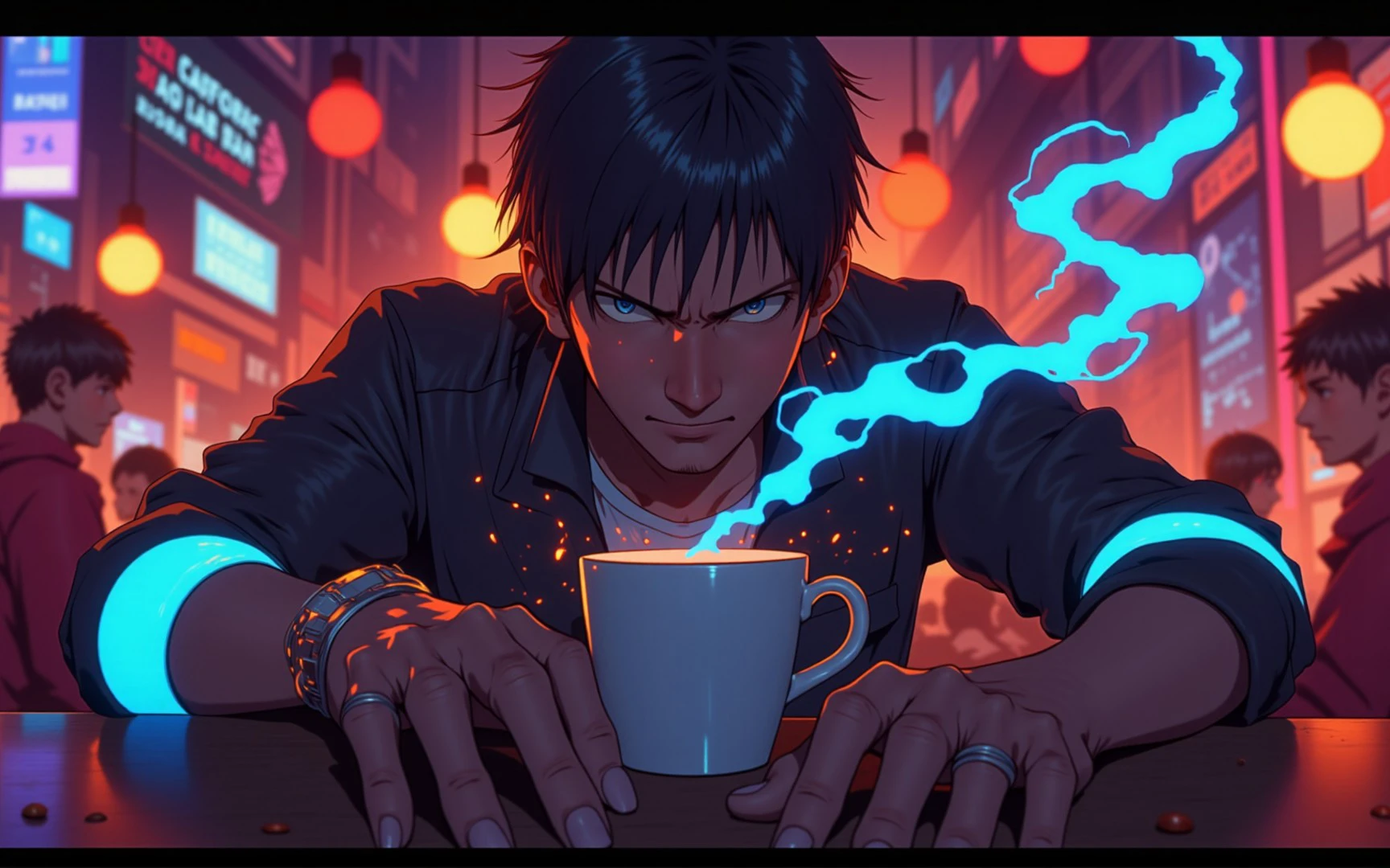 A cyborg man in a bleak cyberpunk coffee shop with dark hair and an angry face, his cybernetic arm glowing with neon blue light as he crushes a coffee cup with his mechanized hand in a futile attempt to release pent-up frustration amidst the dimly lit, smoky atmosphere.