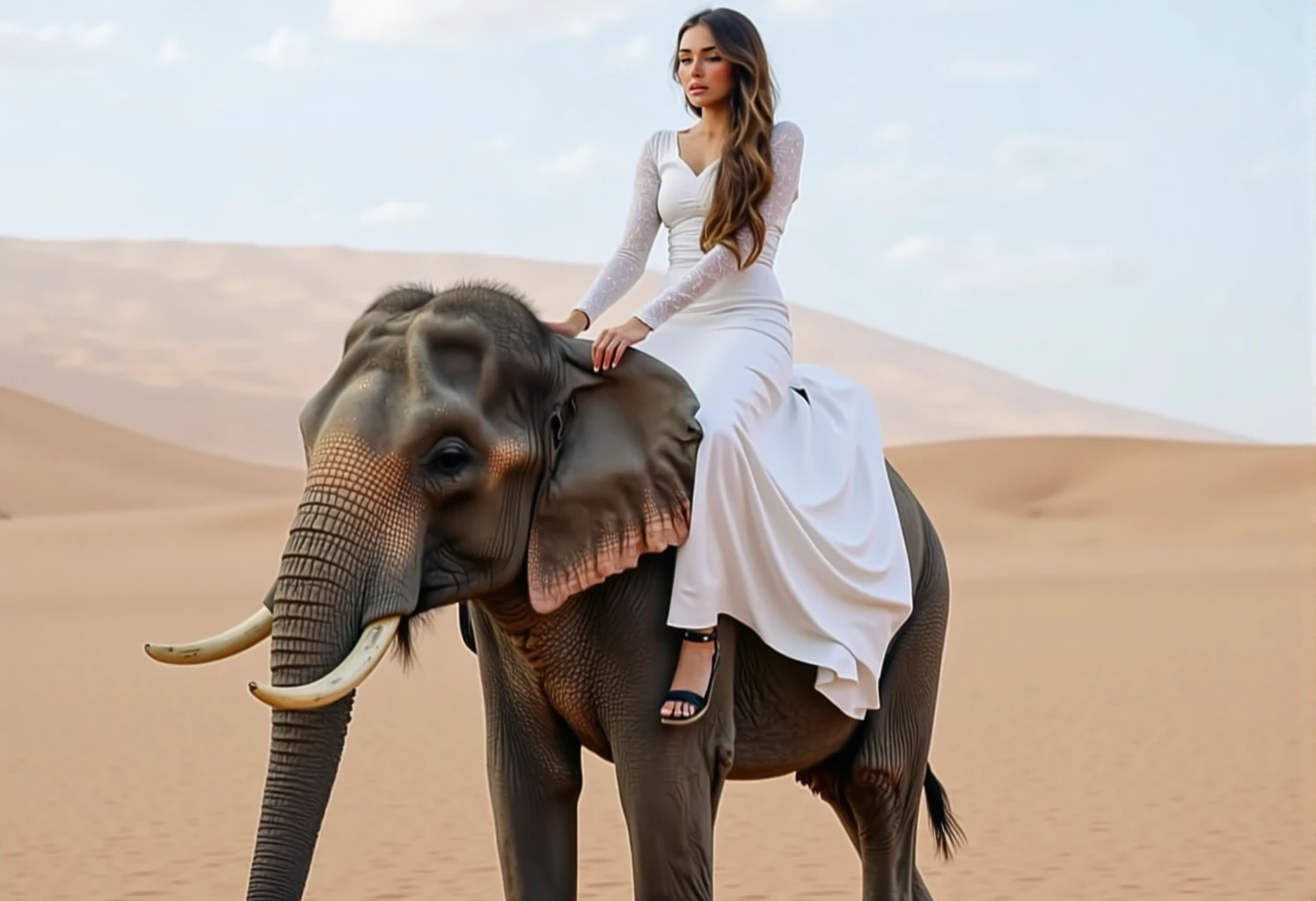 a close-up high-resolution photograph of brown-haired Mad1B2024 wearing a long white dress and riding an Elephant in the desert.