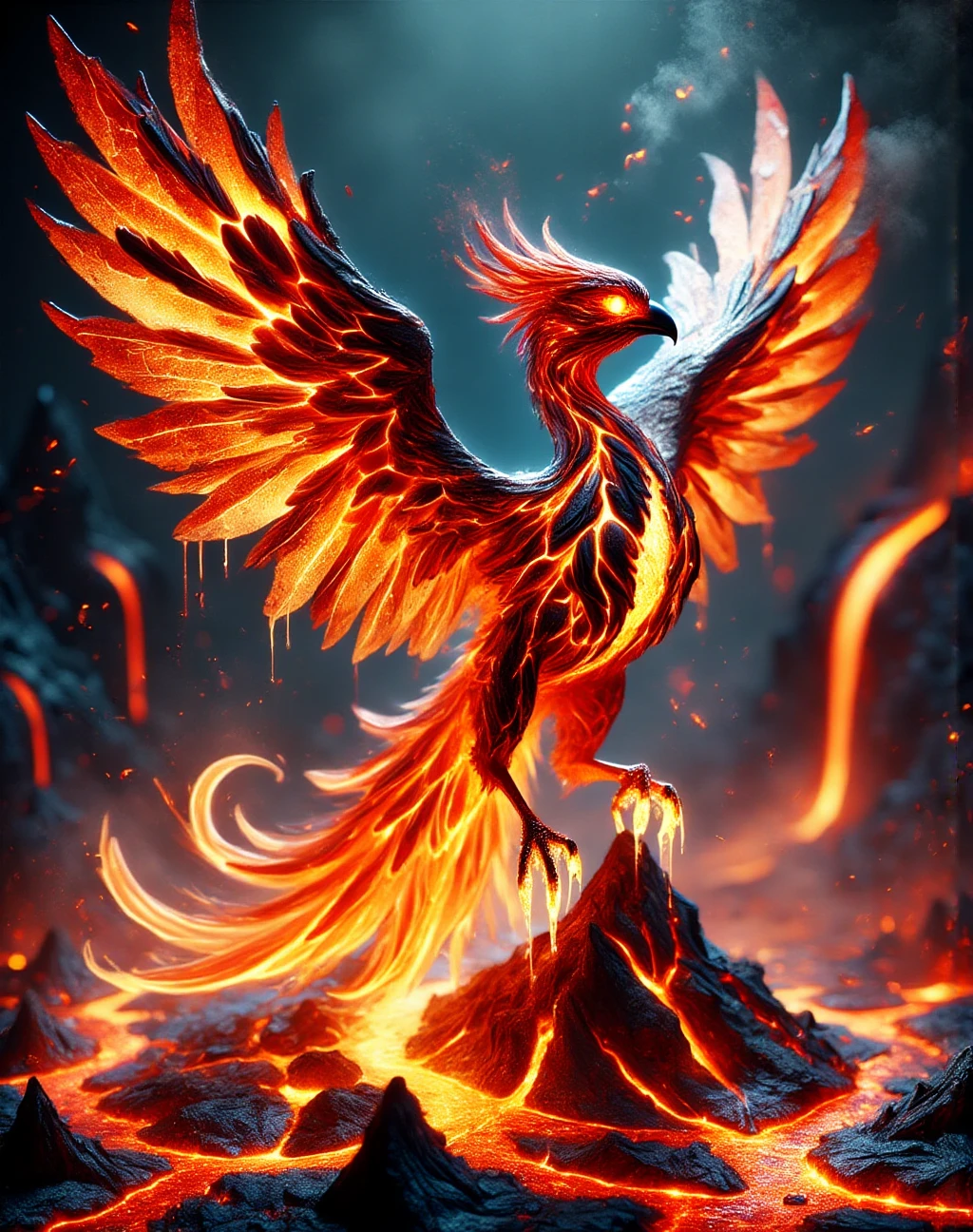 llava_wm, A photo of a majestic phoenix, made entirely of molten lava and volcanic rock, rises from a bed of glowing molten ashes. The phoenix’s wings are composed of flowing molten lava, glowing brightly as fiery embers trail behind each flap. Its body is sculpted from jagged volcanic rock, with glowing veins of molten lava pulsing through its cracked surface. The bird’s eyes burn with intense molten light, and its talons are formed from sharp volcanic stone, dripping with molten energy. As the phoenix ascends, the ashes beneath it glow red-hot, with molten lava swirling in its wake. Embers float around the phoenix as it rises into a dark sky filled with volcanic ash and glowing embers, creating an awe-inspiring scene of rebirth through molten fire and heat