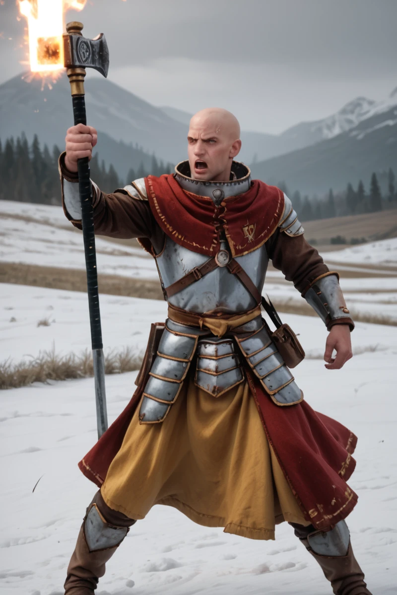 source_realistic, photorealistic snowfield, snow, serious expression <lora:Warrior_Priest_of_Sigmar_Mark_of_Chaos-000008:0.8> upper body, w4rr1orpr1st, bald male, standing, shouting, (swinging weapon, attacking:1.3), armor, yellow and white robes, capelet, gold trim, greaves, metal collar, dual wielding, holding war hammer, magic, book at waist, skull symbol, facial scars, PonyXL_Scores, PonyXL_HQ, <lora:StS_detail_slider_v1:1>