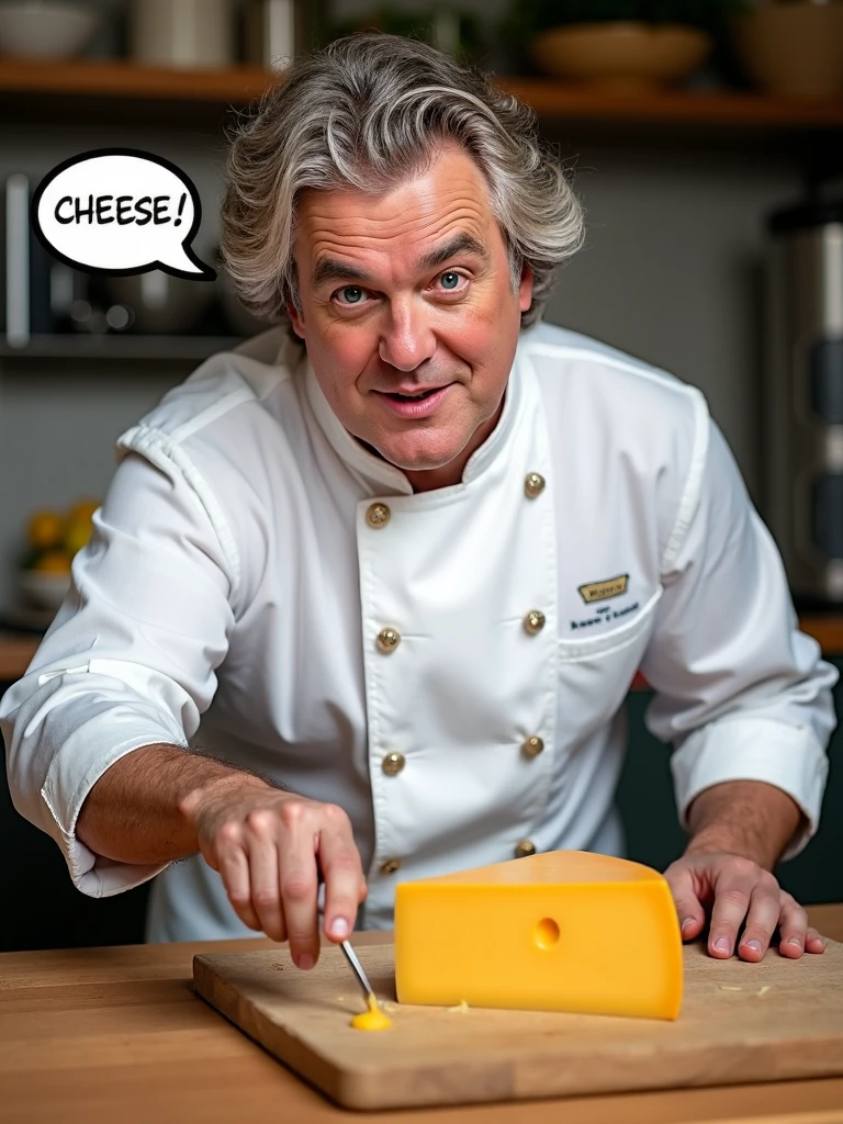 jamesmay, posing in the kitchen, chef outfit, grey hair, speech bubble "CHEESE" and pointing at cheese on the table