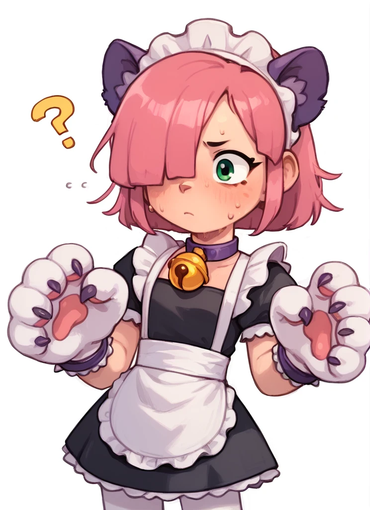 score_9, score_8_up, score_7_up  , <lora:pawlette:1> 1girl, human , pawlette ,animal ears, pink hair,  hair over one eye, maid headdress,  bracelet  ,necklace,  neck bell,  maid,  short dress,  White Stockings , paw gloves,solo  ,  <lora:PossumMachine:1>posmach    , confused, ??? ,sweat, simple background,