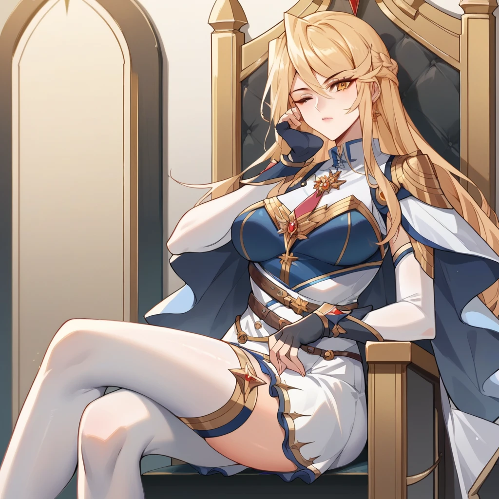 score_9_up, score_8_up, score_7_up, source_anime, masterpiece, best quality, 1girl, solo, Jiang, Jia_Alt, sitting on throne, crossed legs, from front, looking at you, head rest, bored, wink, yellow eyes, long hair, braid, high-waist skirt, white skirt, blue top, red necktie, sleeveless shirt, white shirt, blue shirt, belt, gold trim, white cape, cape, blue cape, white sleeves, detached sleeves, black gloves, fingerless gloves, alt gloves, gauntlets, white thighhighs, mature body, dynamic cowboy shot, indoors, castle interior background