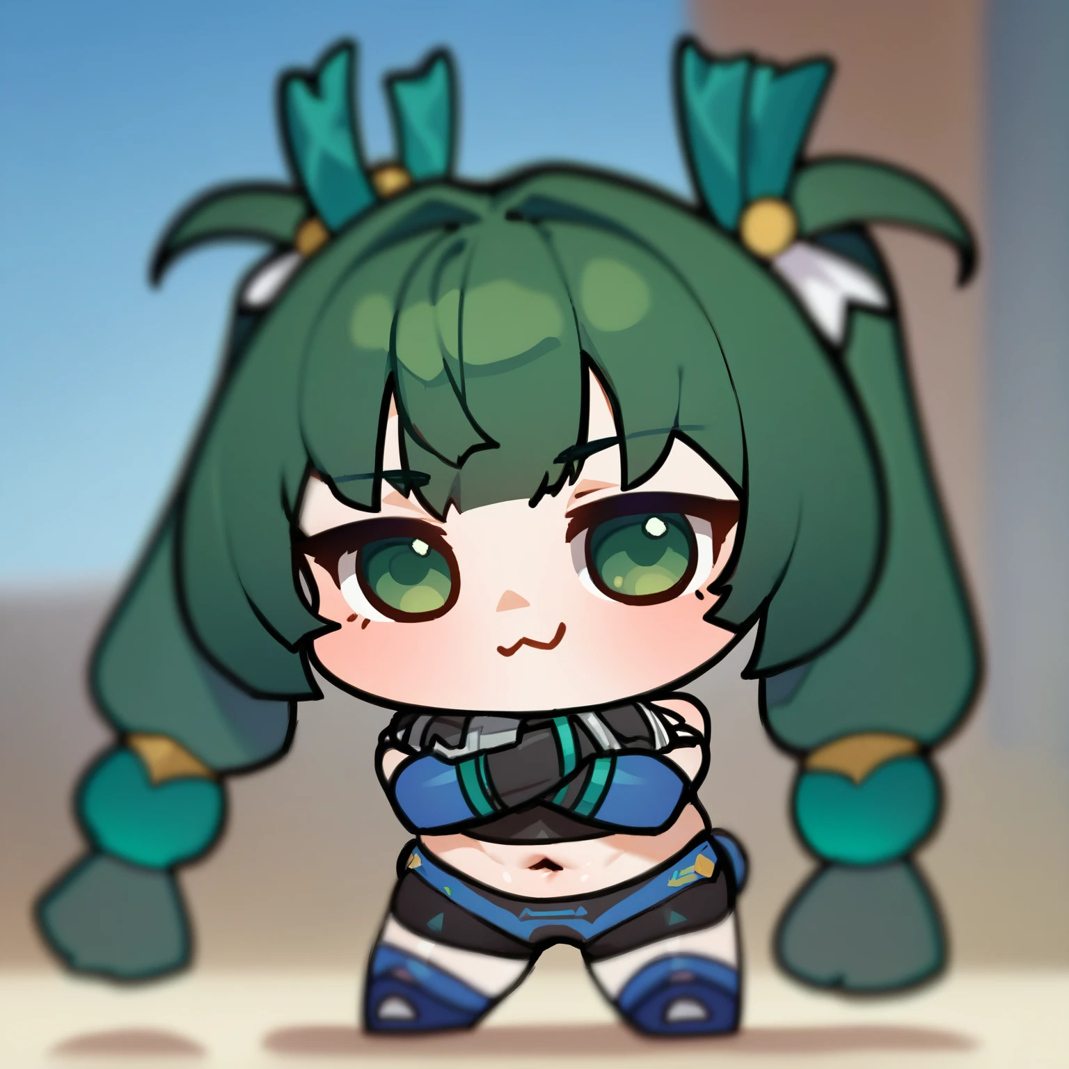 score_9,score_8_up,score_7_up,<lora:qingyi_(zenless_zone_zero)_pony:1>,1girl,qingyi_(zenless_zone_zero),chibi,solo,shorts,:<,crossed_arms,navel,gloves,hair_ornament,blurry_background,full_body,blurry,closed_mouth,blue_footwear,