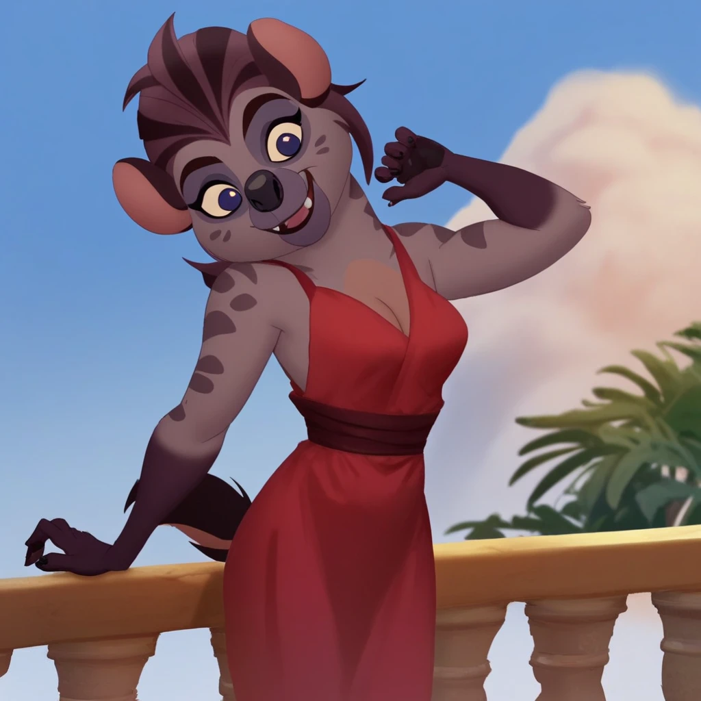 score_9, score_8_up, score_7_up, hyena girl, anthro Jasiri wearing red nightgowns, standing on the balcony of spa hotel and looking at night sky full of stars