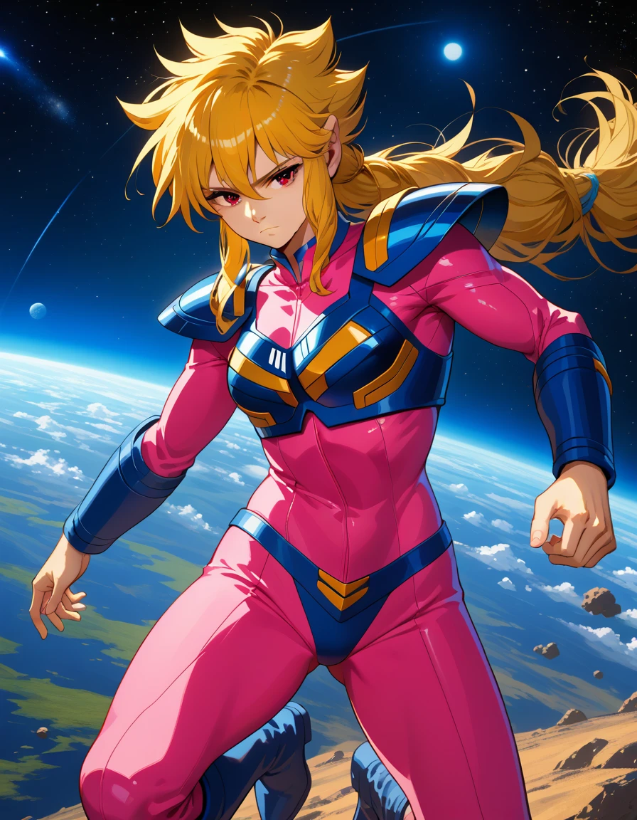 score_9, score_8_up, score_7_up, source_anime, <lora:iczer1_Pony_XL_V1:.9>iczer1,solo, beam from hand, pink body suit, arm guards,  bikini armor, armor light indicator, kneehigh boots, space, background is earth, red eyes, indigo shoulder guard, blonde hair, long hair, flying battle