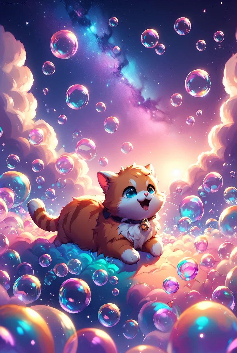 <lora:Dream_Bubble_Pony_r1:1>, dream bubble, cat, wanders on top of dream bubbles in a sky, backdrop is filled with candy-like clouds and tinkling stars., score_9, score_8_up, score_7_up, score_6_up,