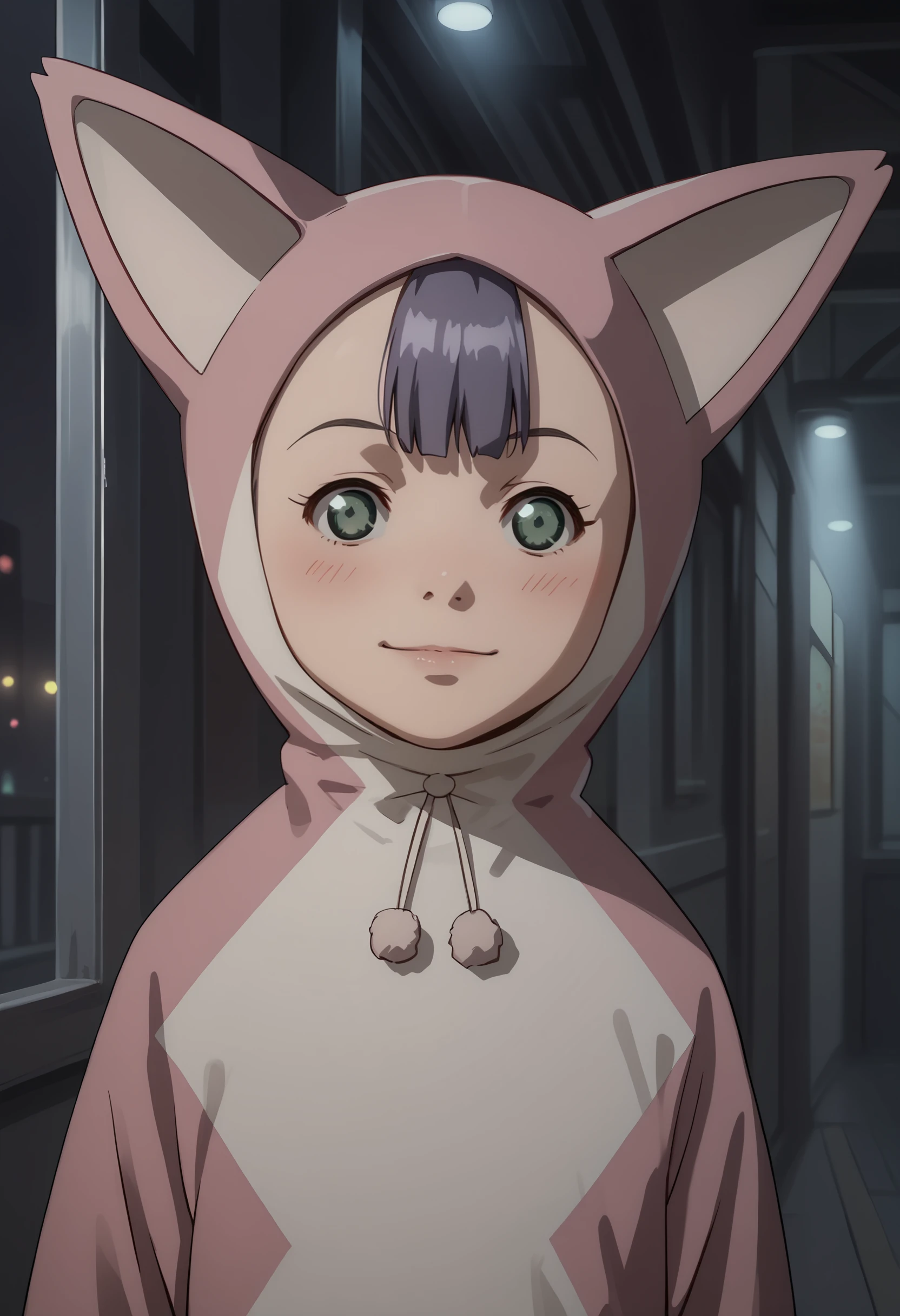 score_9, score_8_up, score_7_up, score_6_up, score_5_up, score_4_up, 1girl,  <lora:PinoBunnyEP:0.85> purple hair, bangs, green eyes, animal costume, animal ears, hood, standing, upper body, smile, blush, 
indoors, dark city,