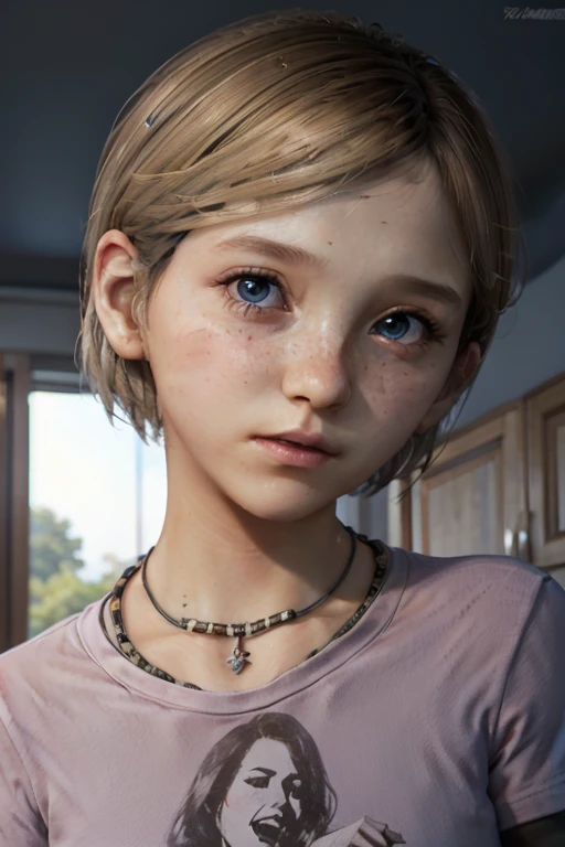 A stunning and intricate full color Ultra-HD portrait, 12 year old girl, short blonde hair, blue eyes, perfectly detailed face, wearing pink t-shirt, necklace, black logo, in a house, epic character composition, sharp focus, natural lighting, subsurface scattering, f2, 35mm,