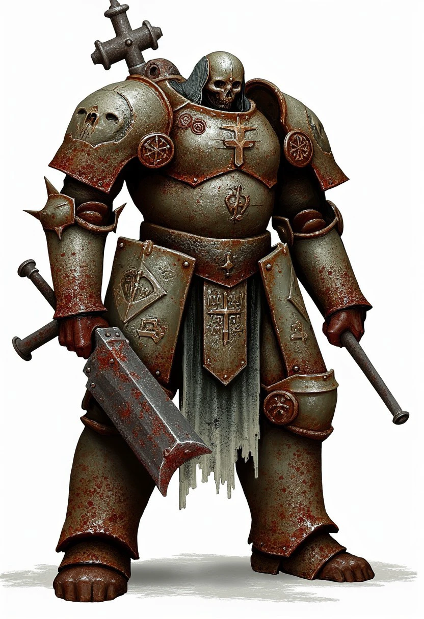 MikeFranchinastyle, a tall heavy solider in heavy armor, armor spikes, skull engraved with runes, carrying a minigun, shoulder armor, helmet,hood up, white hair,demon, blood on armor, carrying large sword on back