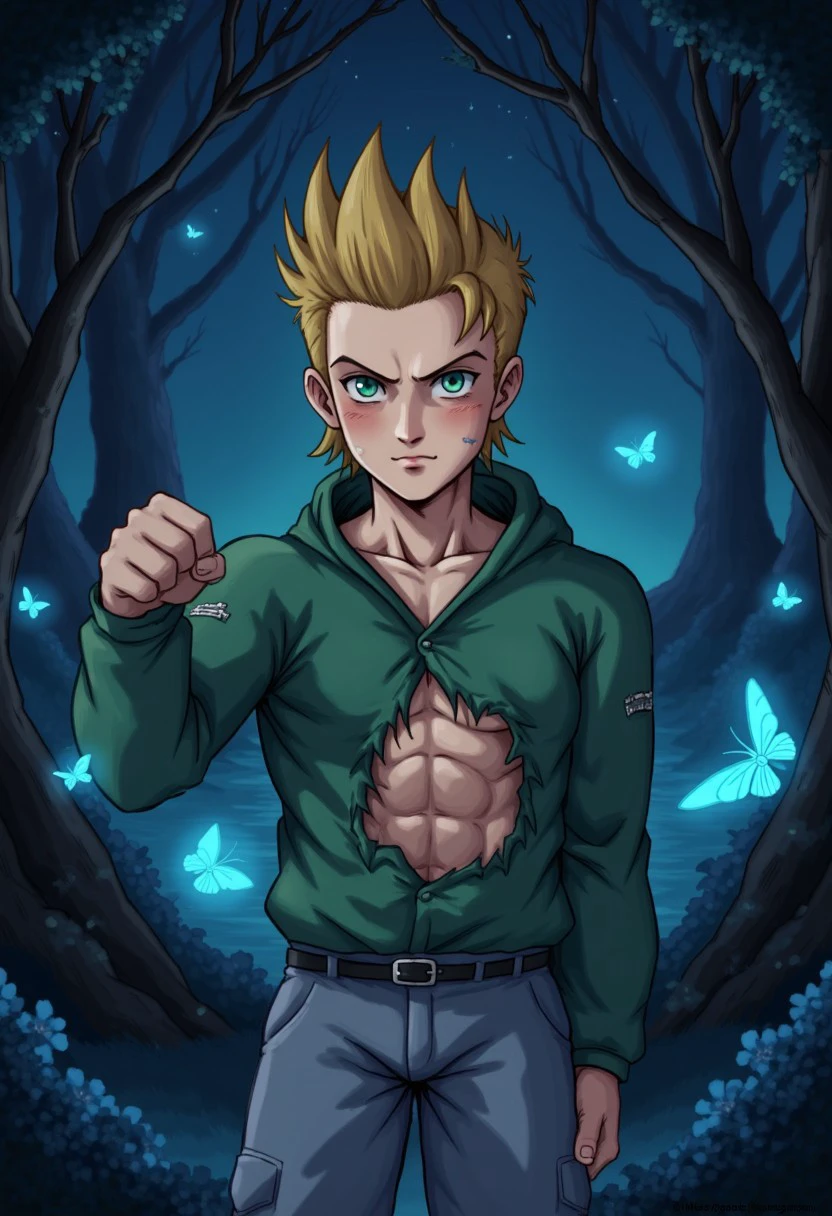 A Young man blonde hair green chaket whith hood and grey pants and black boots and green and blue eyes the chaket is broken and exposed the abs
BRAKE 
in alien forest, iluminated colors butterflys, night time, very stars in the sky