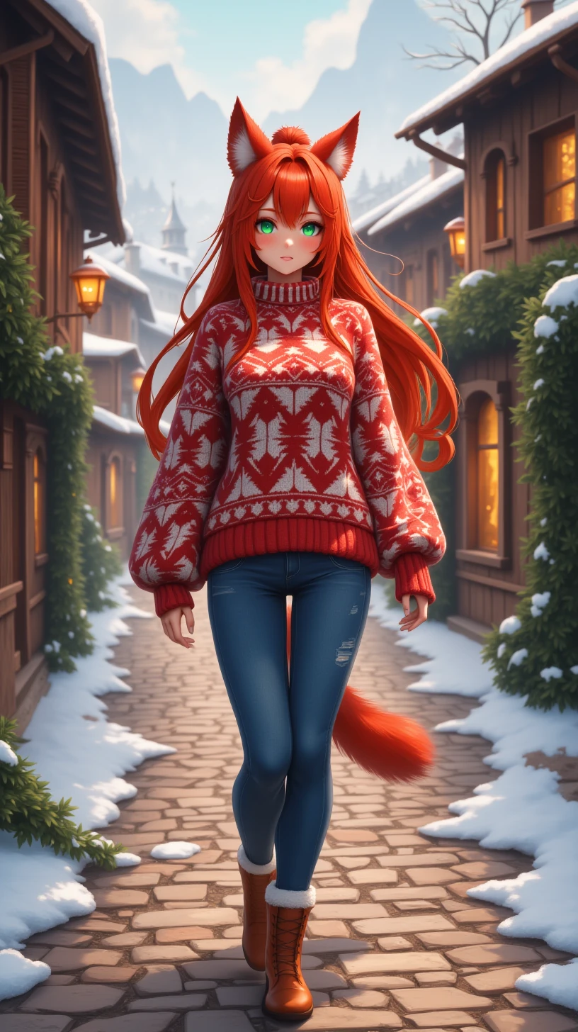 An anime style image of a Beautiful Neko Woman is walking along a cobblestone road.   She is in an rustic old village.   She has long red hair and green eyes.   She is wearing a festive sweater with blue jeans and winter boots.,<lora:KittyGal:1>,k1ttyg4l,