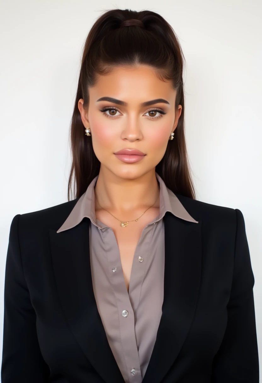 woman, light makeup,  high ponytail,High quality passport photo of a woman wearing a suit and tie looking directly at the camera with her mouth closed and a neutral expression. She is also wearing a delicate gold chain and some understated diamond earrings, kyl13