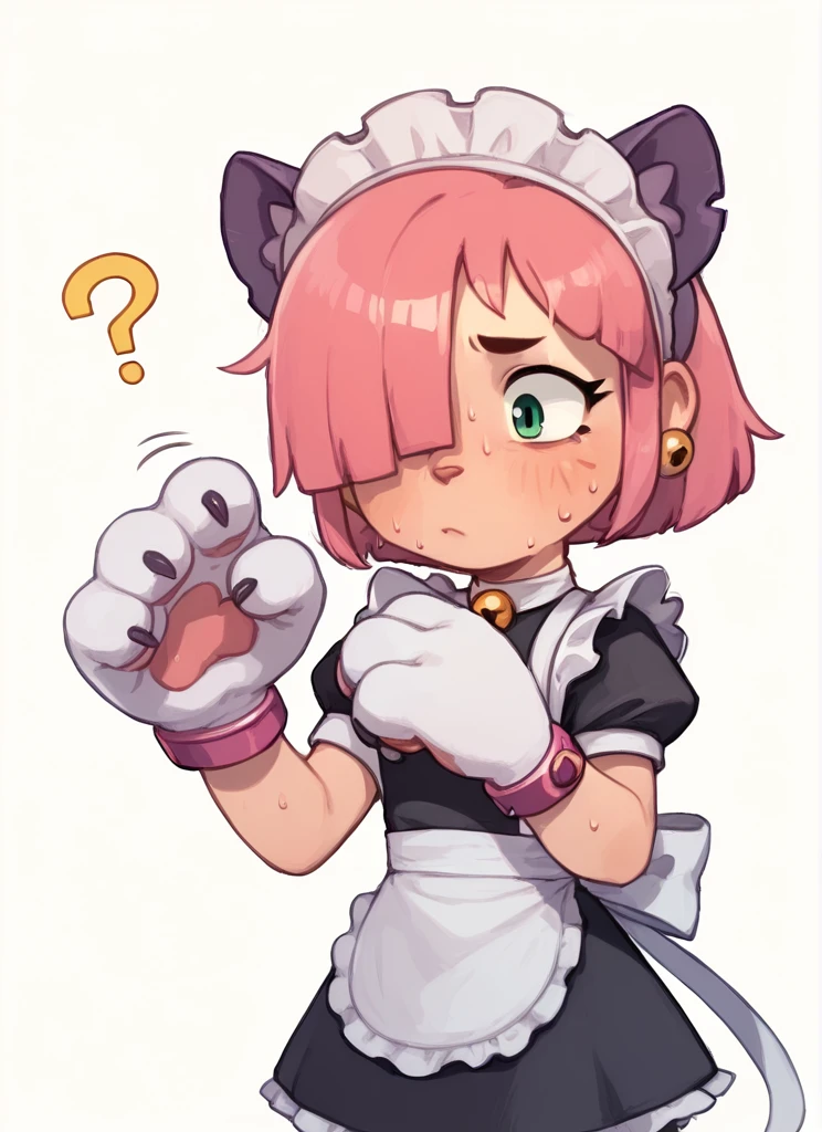 score_9, score_8_up, score_7_up  , <lora:pawlette:1> 1girl, pawlette ,animal ears, pink hair,  hair over one eye, maid headdress,  bracelet , maid,  short dress,  White Stockings , paw gloves,solo  ,  <lora:PossumMachine:1>posmach    , confused, ??? ,sweat, simple background,