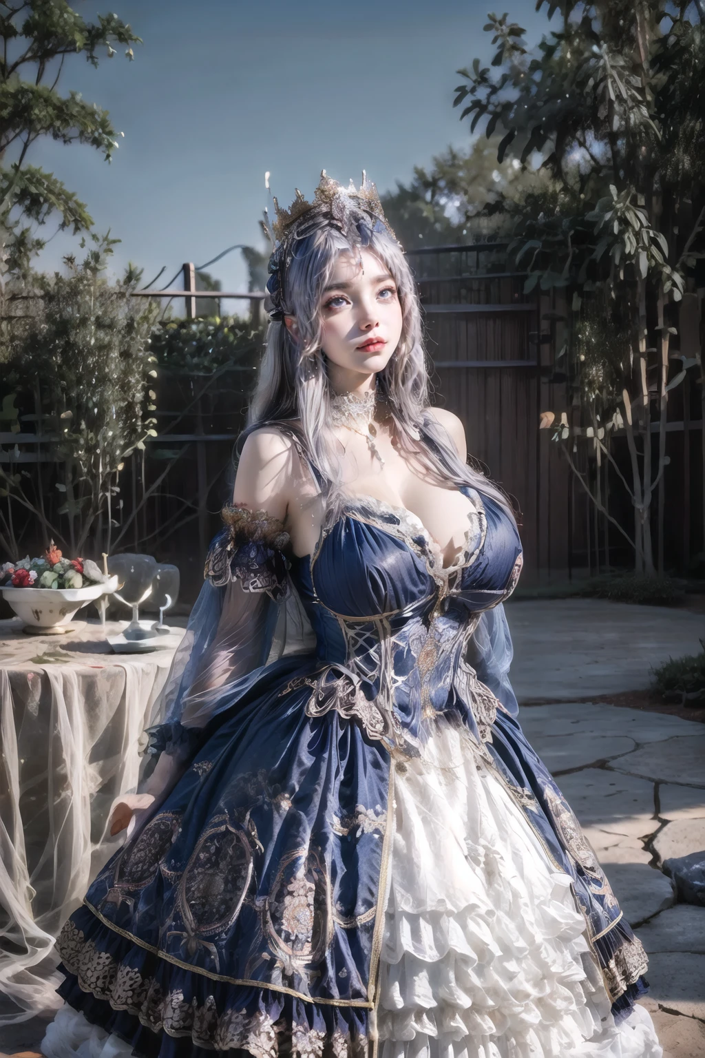 (masterpiece, best quality:1.2),illustration,8k,hd,1 girl,very long hair,standing,solo,(cowboy shot:1.2),(silver hair:1.2),cxzg,dress,cyan dress,tiara,detached sleeves,jewelry,necklace,frills,lace,cross-laced clothes,crown,big breasts,(cleavage:1.4),(bouncing breasts:1.2),(NSFW:1.2),(garden, outdoors :1.4),(European princess:1.3),