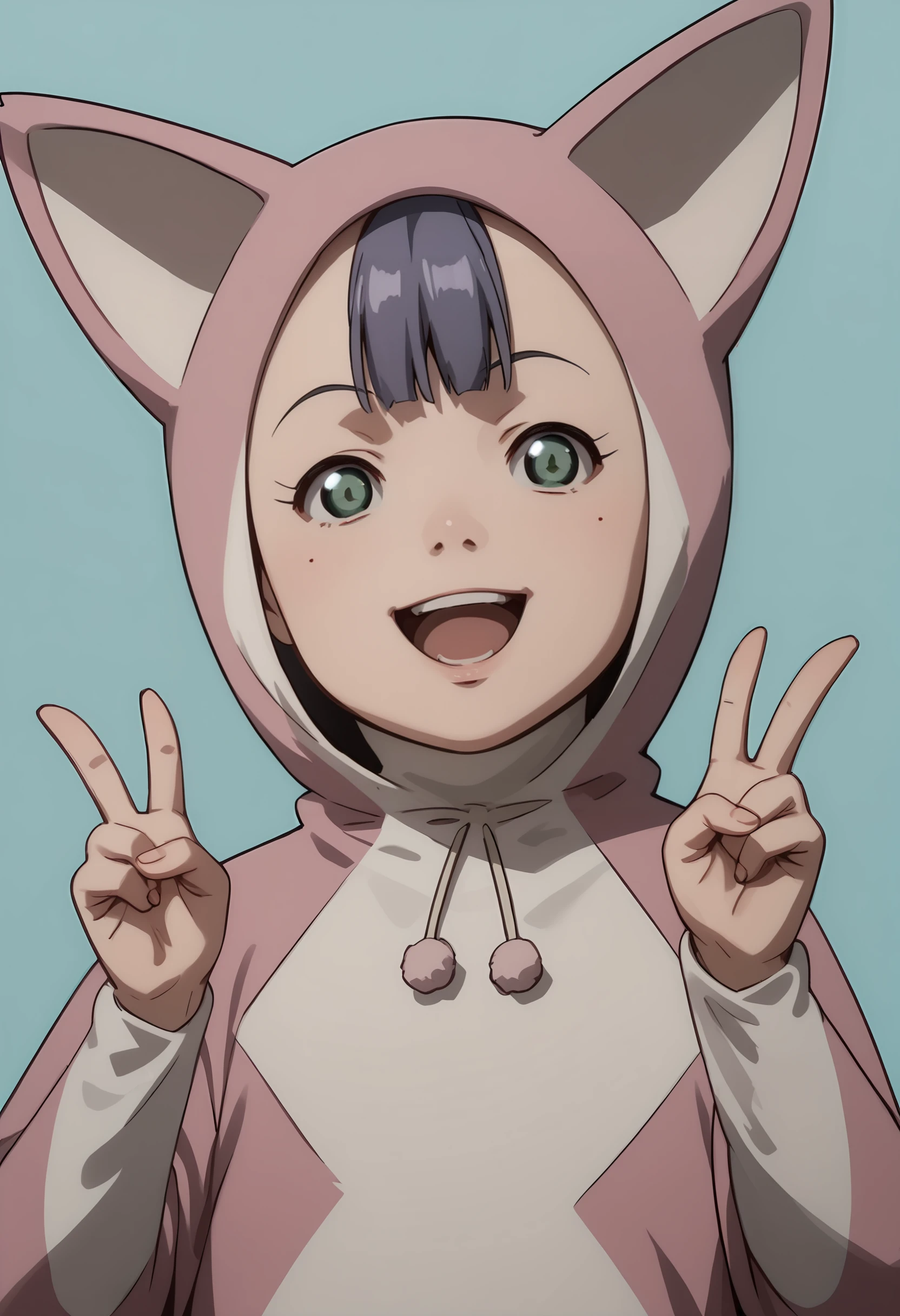 score_9, score_8_up, score_7_up, score_6_up, score_5_up, score_4_up, 1girl,  <lora:PinoBunnyEP:0.85> purple hair, bangs, green eyes, animal costume, animal ears, hood, standing, upper body, happy, double v, smile, open mouth, 
light blue background, simple background,