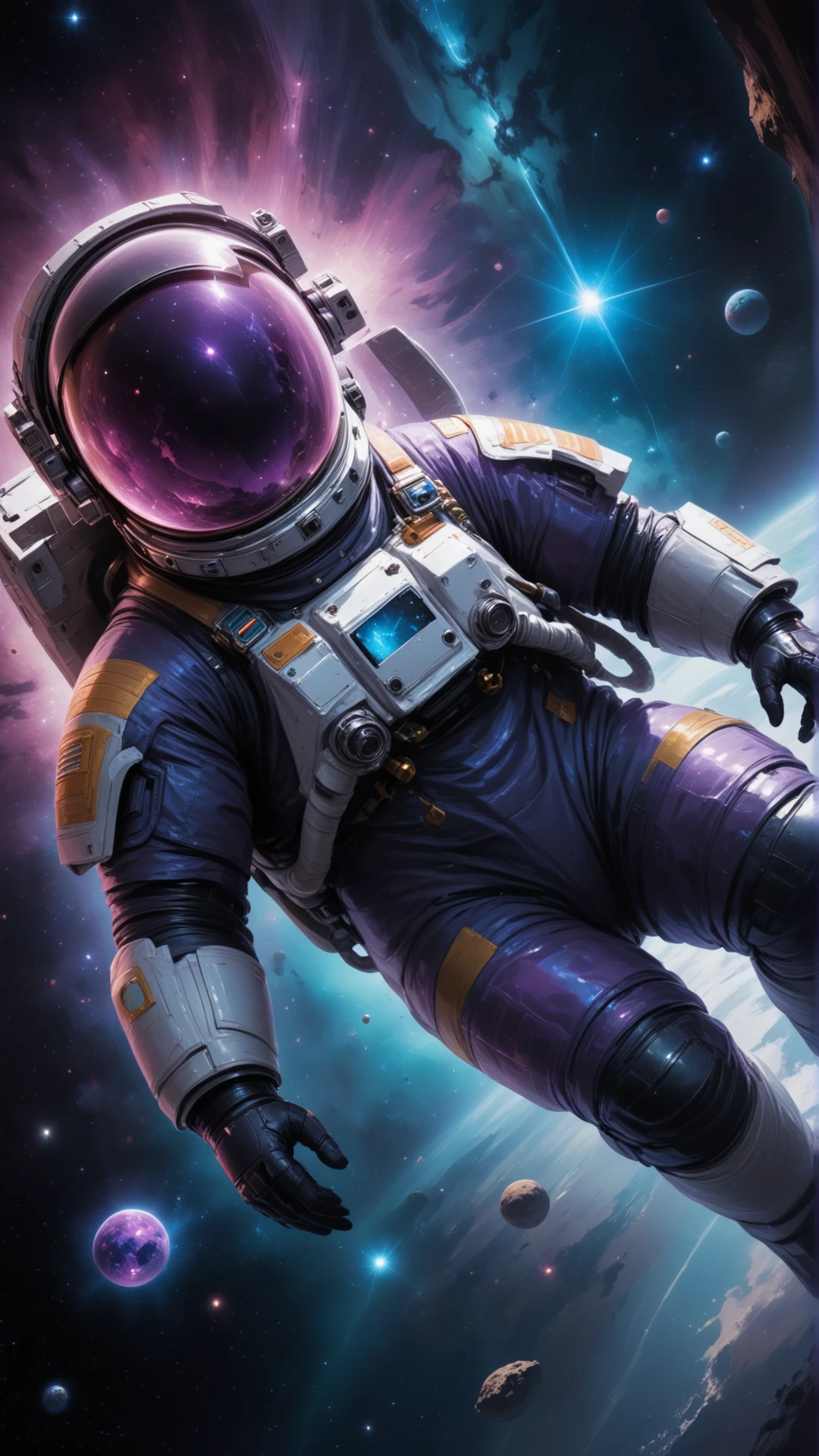 Figure floating in space, cosmos, stars, galaxy, nebula, weightless, zero gravity, space suit, helmet, glowing, iridescent, cave, bioluminescent, glowing crystals, blue, purple, pink, green, dark background, contrast, dramatic, detailed, intricate, vibrant, high quality.