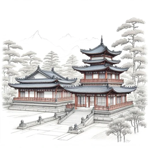 Chinese pagoda, next to an ancient Chinese building, with pine trees on the other side. No human， detailed, Chinese line art