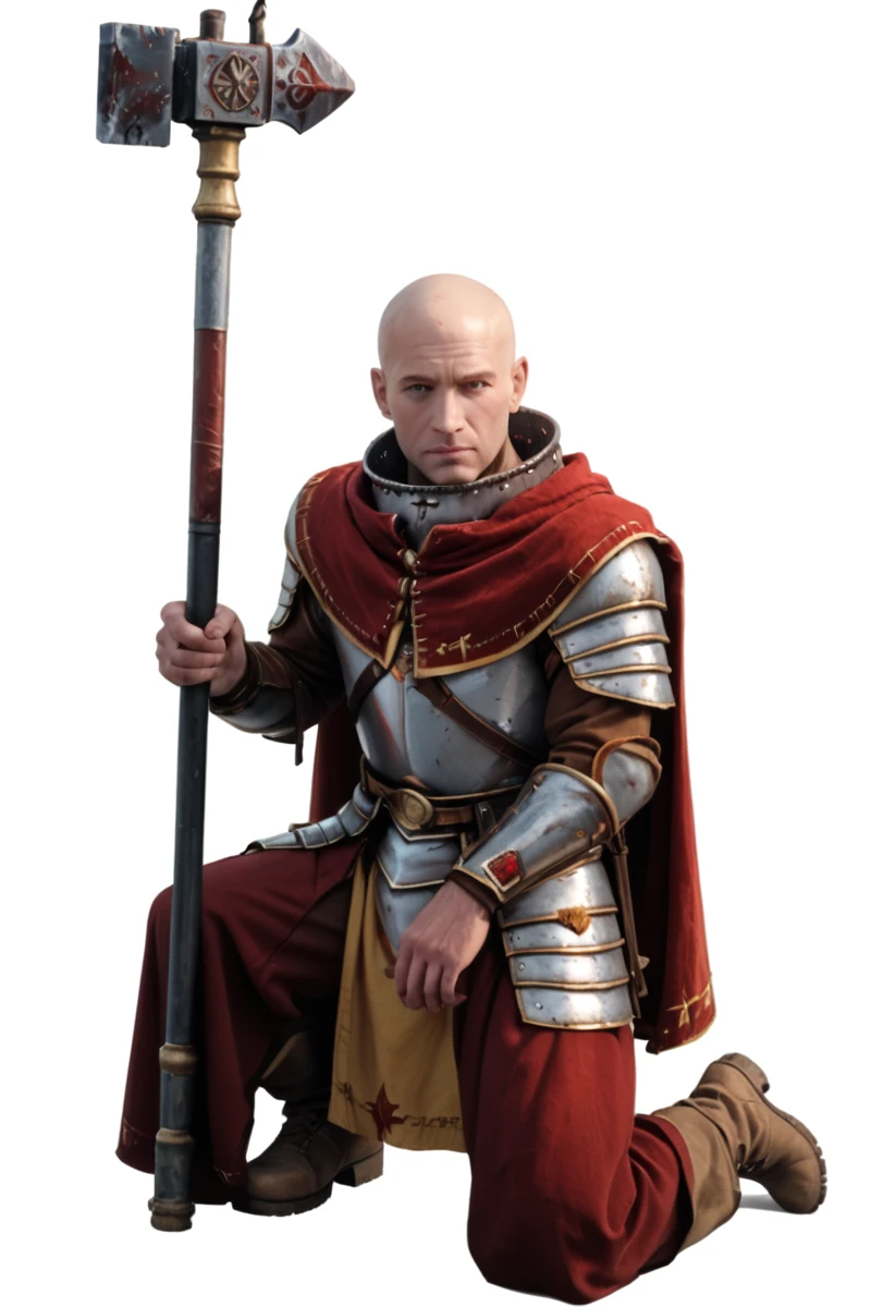 source_realistic, photorealistic simple white background, kneeling on one knee,  <lora:Warrior_Priest_of_Sigmar_Mark_of_Chaos-000008:0.8> w4rr1orpr1st, bald male, armor, red robes, red capelet, gold trim, boots, metal collar, praying, holding (war hammer:1.2), PonyXL_Scores, PonyXL_HQ, <lora:StS_detail_slider_v1:1>