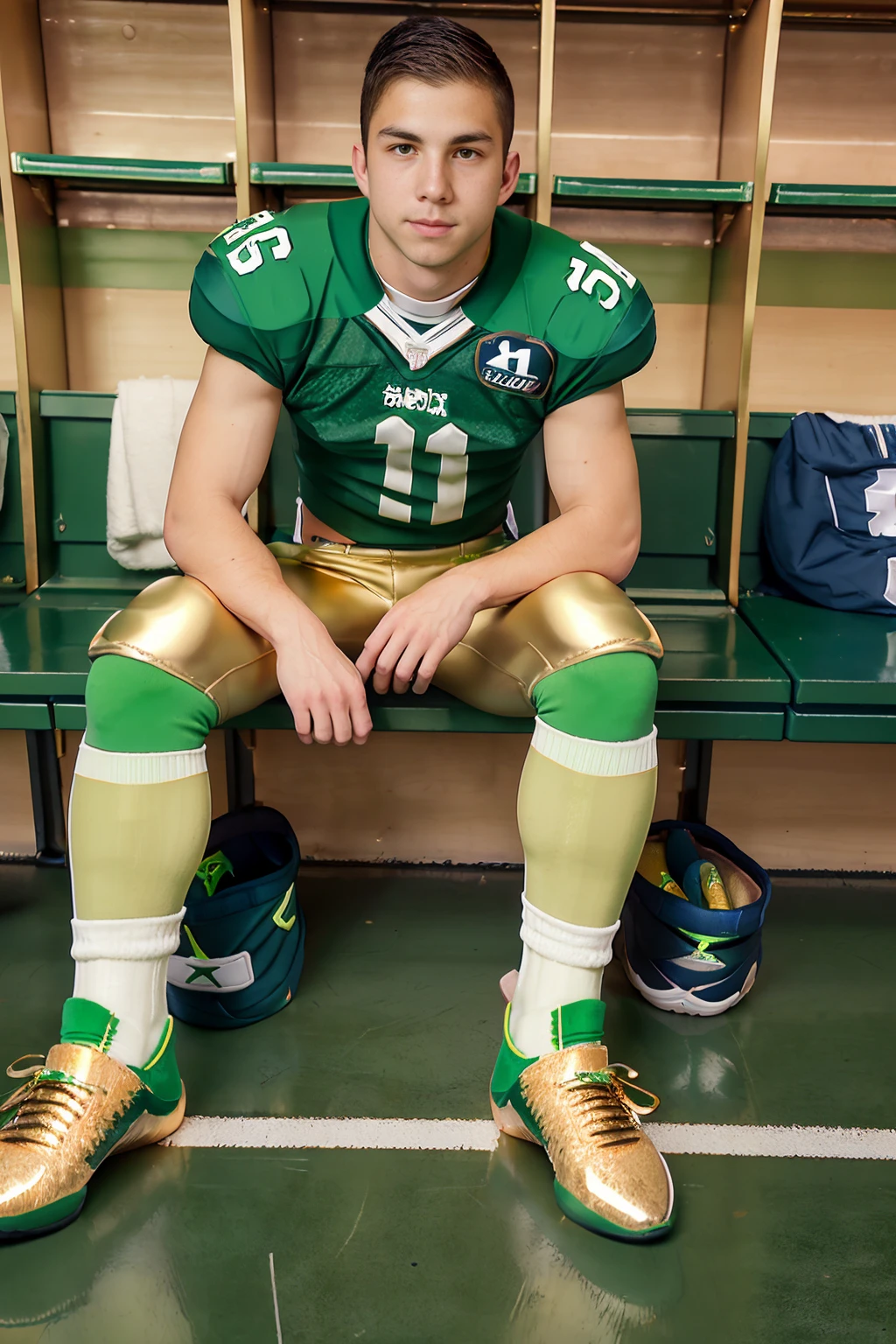 locker room, sitting on a bench, in front of lockers, slightly smiling, FilipCervenka is an (American football player), wearing  (football uniform:1.3), (green jersey:1.3), (green shoulder pads), (jersey number 11),  (pale gold football pants:1.3), (green socks:1.3), (sneakers:1.3), (((full body portrait))), wide angle  <lora:FilipCervenka:0.8>