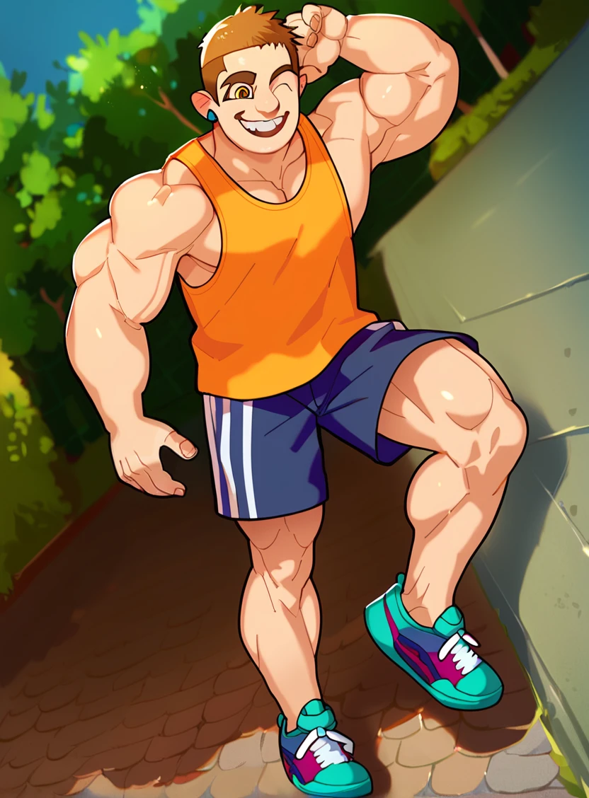 solo, 1boy, male focus, muscular male, masculine male
, urban boy, sneakers, shorts, tank top, smile, wink, detailed face
, <lora:r-d:1>, score_9, score_8_up,, rating_safe