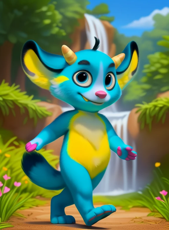 <lora:BarabashikYif:1> Barabashik, blue fur, yellow belly, blue eyes, small striped horns, pink nose, pink fingers, yellow tip of tail, chibi, paw
Looks at the viewer, [  solo, (nature), forest, day, clouds, waterfall,  smile,] (walking,)
(beautiful, aesthetic, perfect, delicate, intricate, saturated colors), masterpiece, digital drawing, best quality,
by ulitochka, by taran fiddler, by Silverfox5213, by personalami,