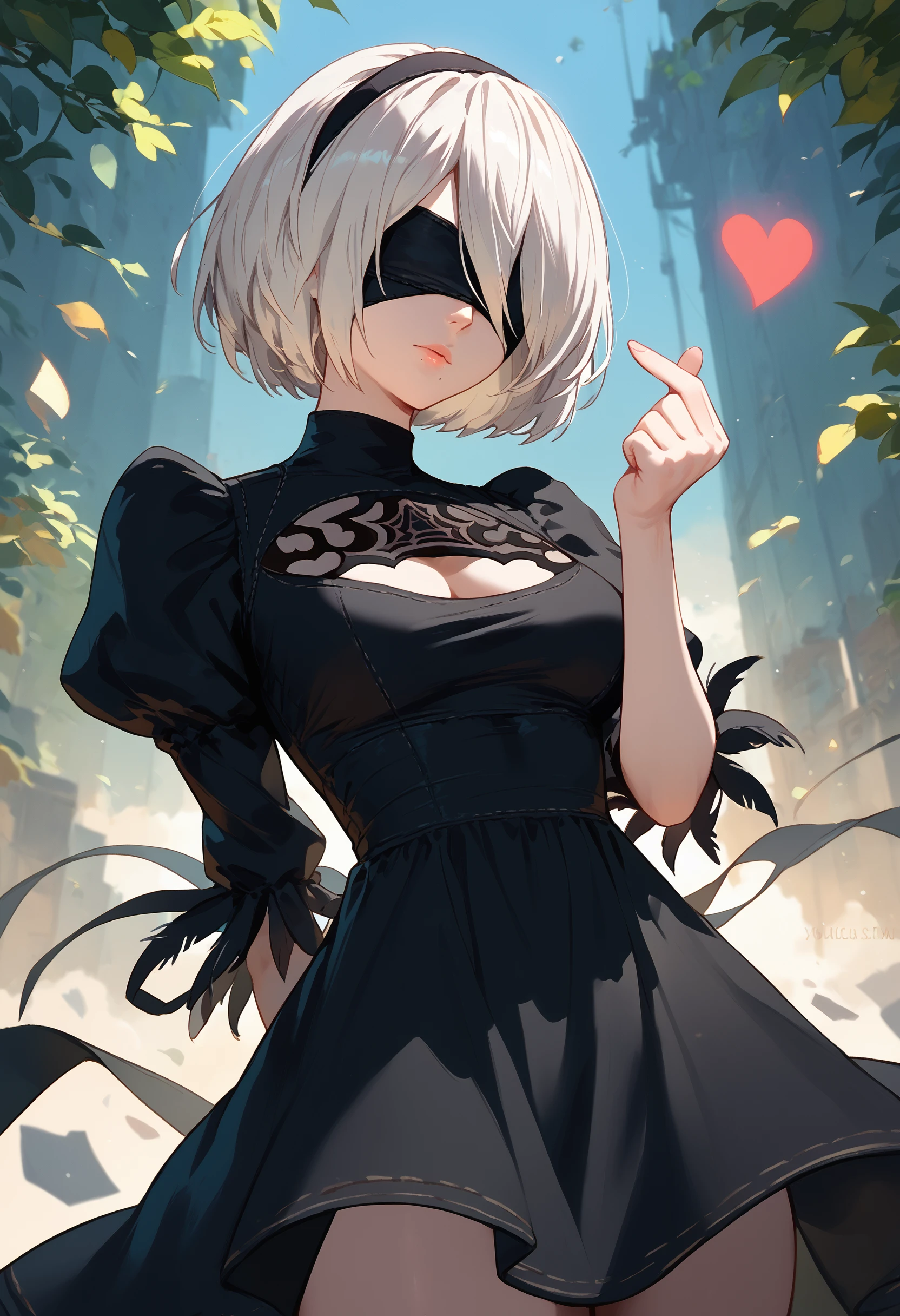 score_9, score_8_up, score_7_up, 1girl finger heart, yorha no. 2 type b, black blindfold, arm behind back, black dress
<lora:finger_heart_korean_retry_1:1>