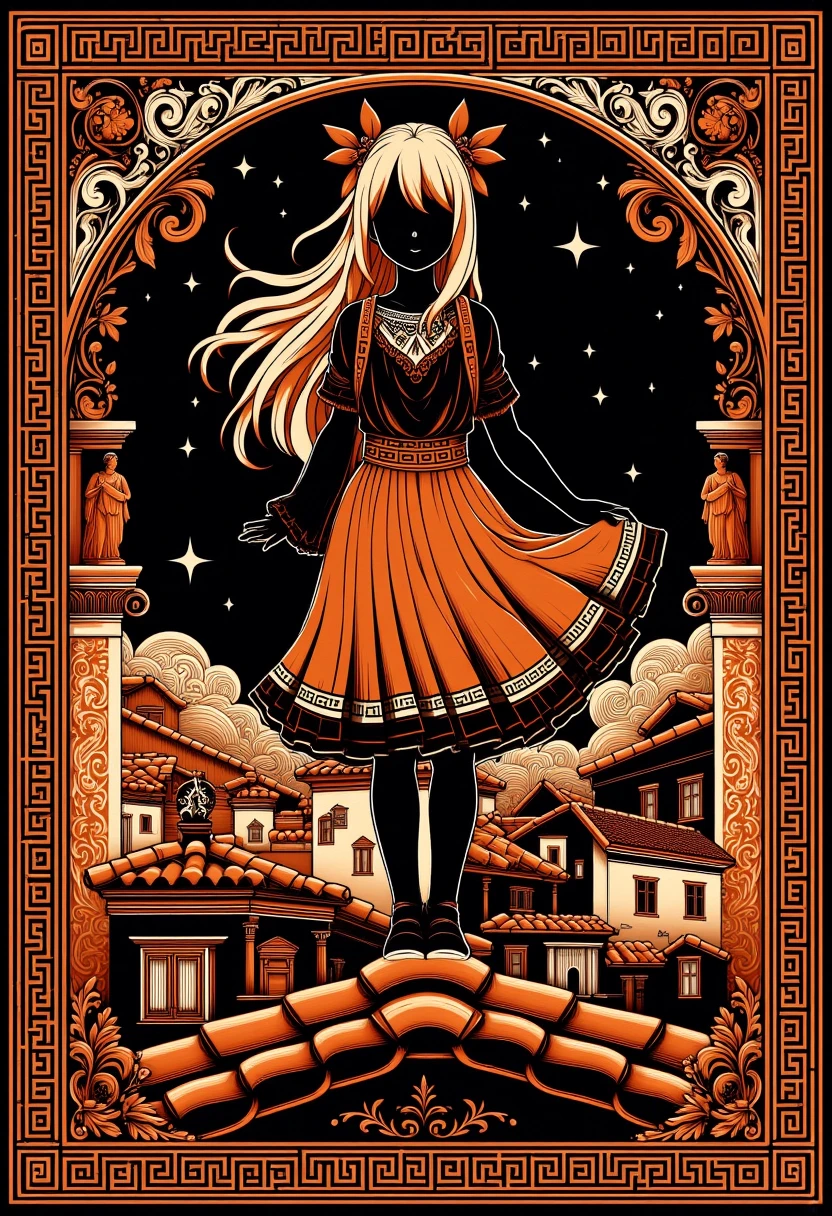 <lora:ElysnDrms_flux_EliPot:1>, grkptt, limited palette, orange theme, black background, two-tone color scheme orange black ancient greek anime schoolgirl standing on a rooftop