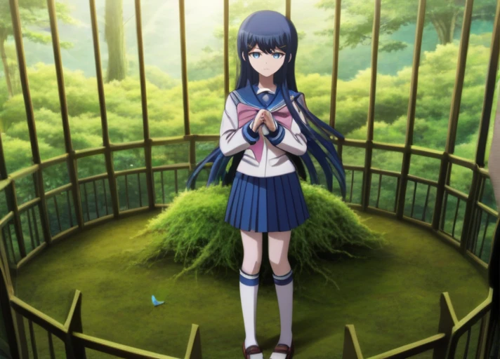 <lora:Sayaka_Maizono_SDXL:1>,  This anime screencap is from Danganronpa the Animation. Sayaka Maizono wearing her uniform from Danganronpa 1. She has her long blue hair down. She is wearing the white and blue Hope's Peak Academy uniform with a bright white top. Her sleeves reach her wrists.  She's wearing a light pink ribbon.  She has a short, pleated, blue skirt. Sayaka Maizono wears navy blue thigh-high socks. Her footwear is dark brown Mary Janes shoes.  All overgrown by cunning moss, All interspersed with weed, The little cage of "Currer Bell" In quiet "Haworth" laid. This Bird â observing others When frosts too sharp became Retire to other latitudes â Quietly did the same â But differed in returning â Since Yorkshire hills are green â Yet not in all the nests I meet â Can Nightingale be seen â