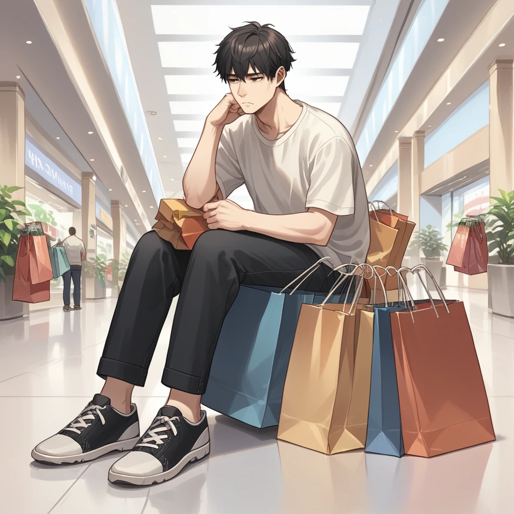 score_9, score_8_up, score_7_up, score_6_up, score_5_up, score_4_up, zPDXL2,source_anime,rating_questionable, 1boy, bored, tired, sitting down, mall, <lora:Shopping_Bags:0.8> sh0.8pbags, shopping bag