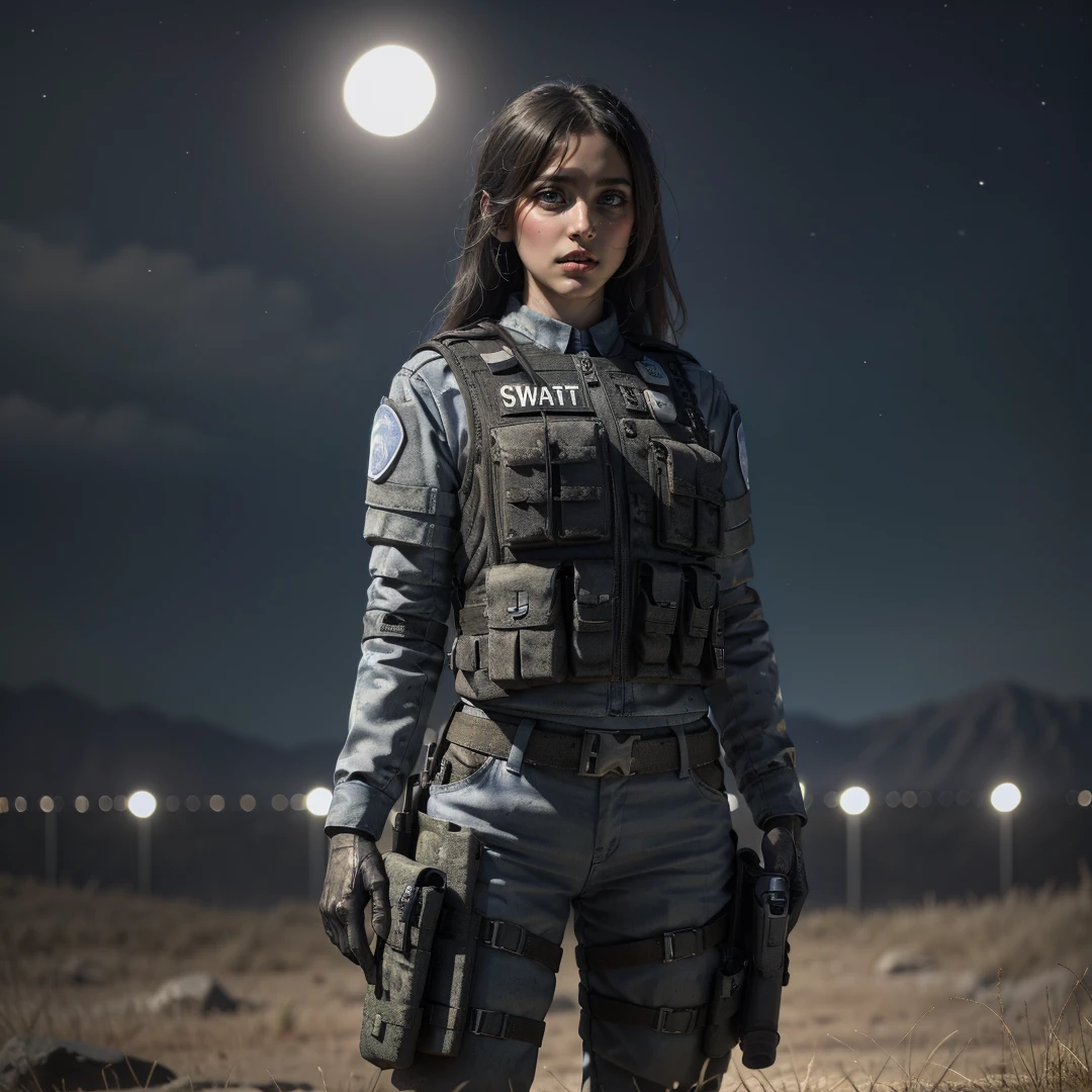 1girl,solo,swat,(long hair),police uniform,bulletproof vest,gloves,outdoors,((at night:1.5)),military base,Highly detailed,(ultra-detailed),(best quality,masterpiece:1.5),