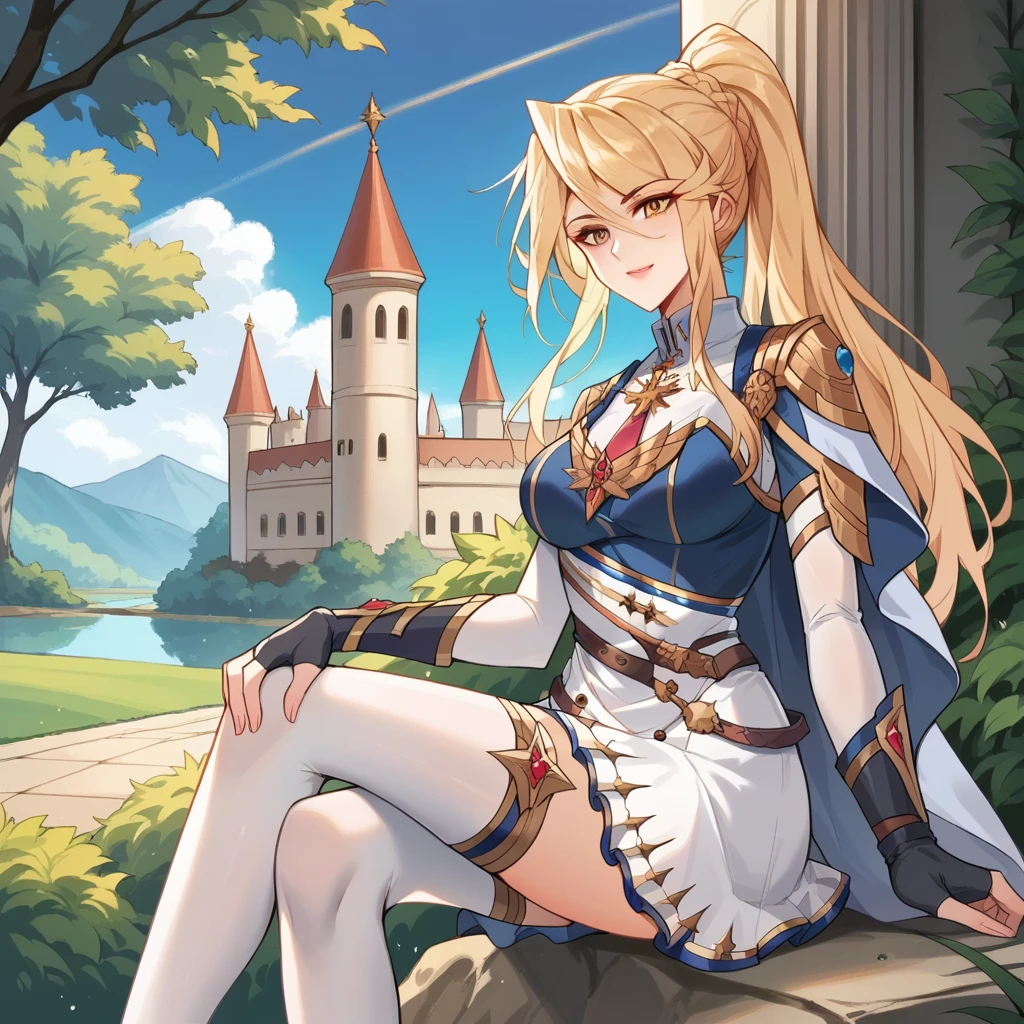 score_9_up, score_8_up, score_7_up, source_anime, masterpiece, best quality, 1girl, solo, Jiang, Jia_Alt, castle garden, trees, bushes, flowers, sitting on rock, bend knee, hugging own knee, face focus, from side, looking at you, gentle smile, blonde hair, high ponytail, leaning forward, yellow eyes, long hair, braid, high-waist skirt, white skirt, blue top, red necktie, sleeveless shirt, white shirt, blue shirt, belt, gold trim, white cape, cape, blue cape, white sleeves, detached sleeves, black gloves, fingerless gloves, alt gloves, gauntlets, white thighhighs, mature body, dynamic cowboy shot, outdoors, castle interior background