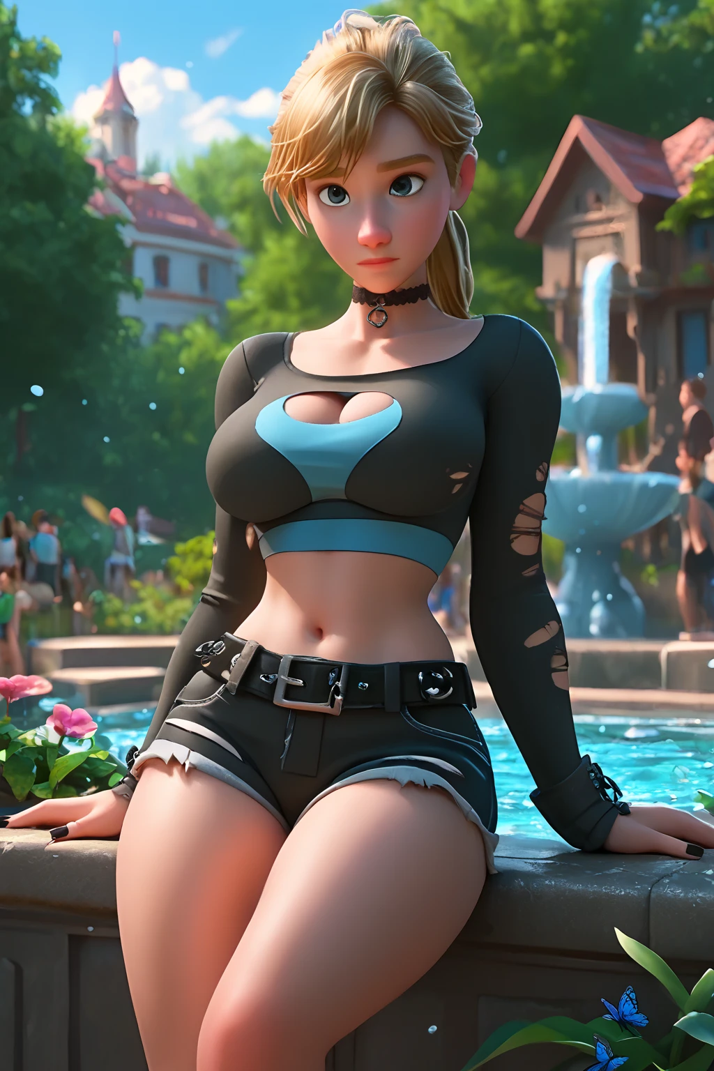 score_9, score_8_up, score_7_up, source_cartoon,(Riley_Andersen, woman ,large breasts, single, blond hair, blue eyes, ponytail), body developed, break, rainbow, fountain, black nails, butterfly, insect, thighs, outdoors, shorts, navel, breasts, flower, black thighs, black belt, black choker, belt, torn clothes, hair ornament, black shoes, choker, boots, black eyes, black eyes, ripped thighs, crotch, shirt, sky, day black lips, black crop top, black shorts, standing, long sleeves, nail polish, closed mouth, chain, single focus, sitting, polka dots, gothic fashion, blue sky, water, shorts.