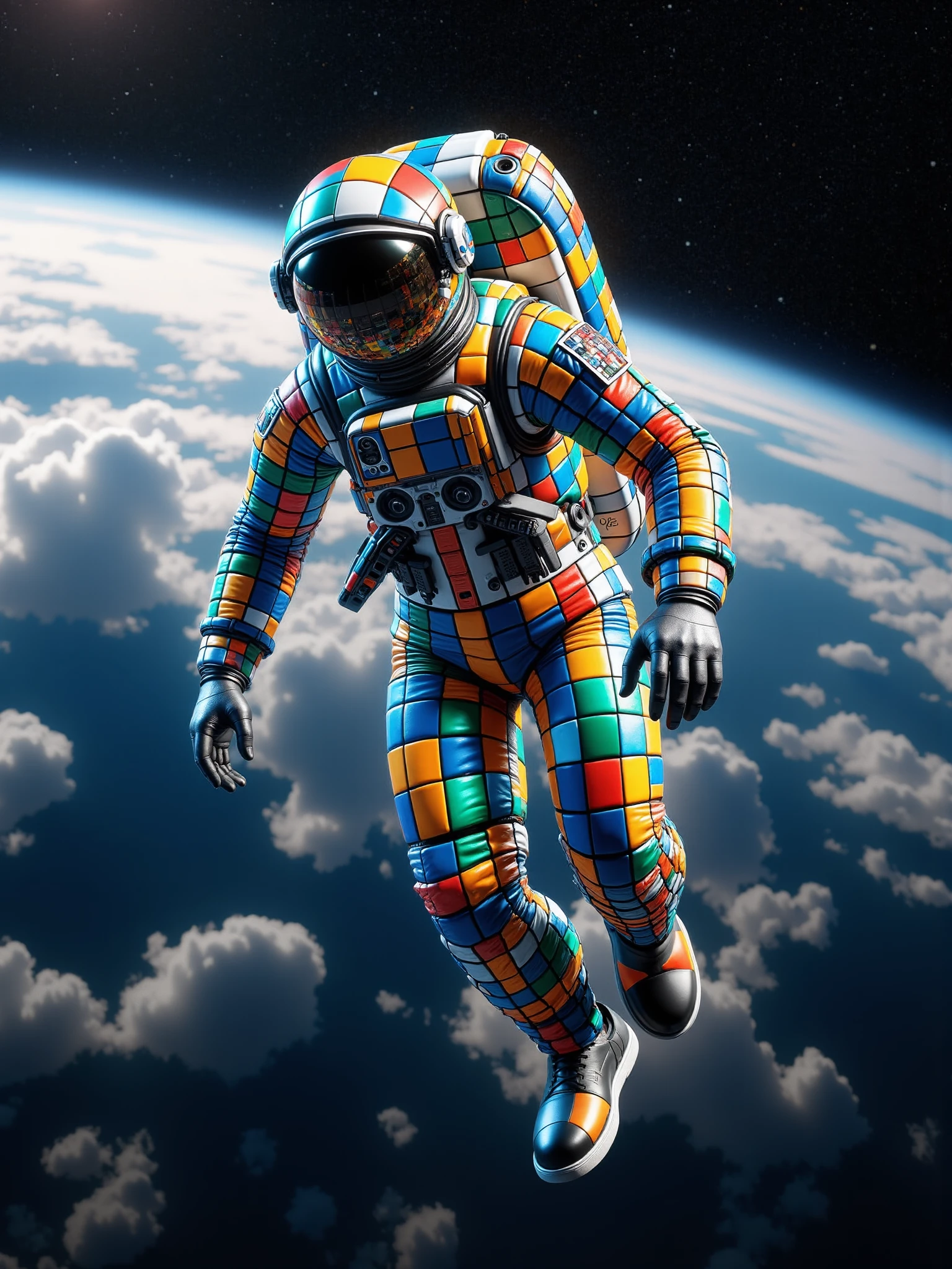 mad-clrflchckr astronaut floating in orbit of earth, dynamic pose <lora:colorful-checker-flux:1.2>