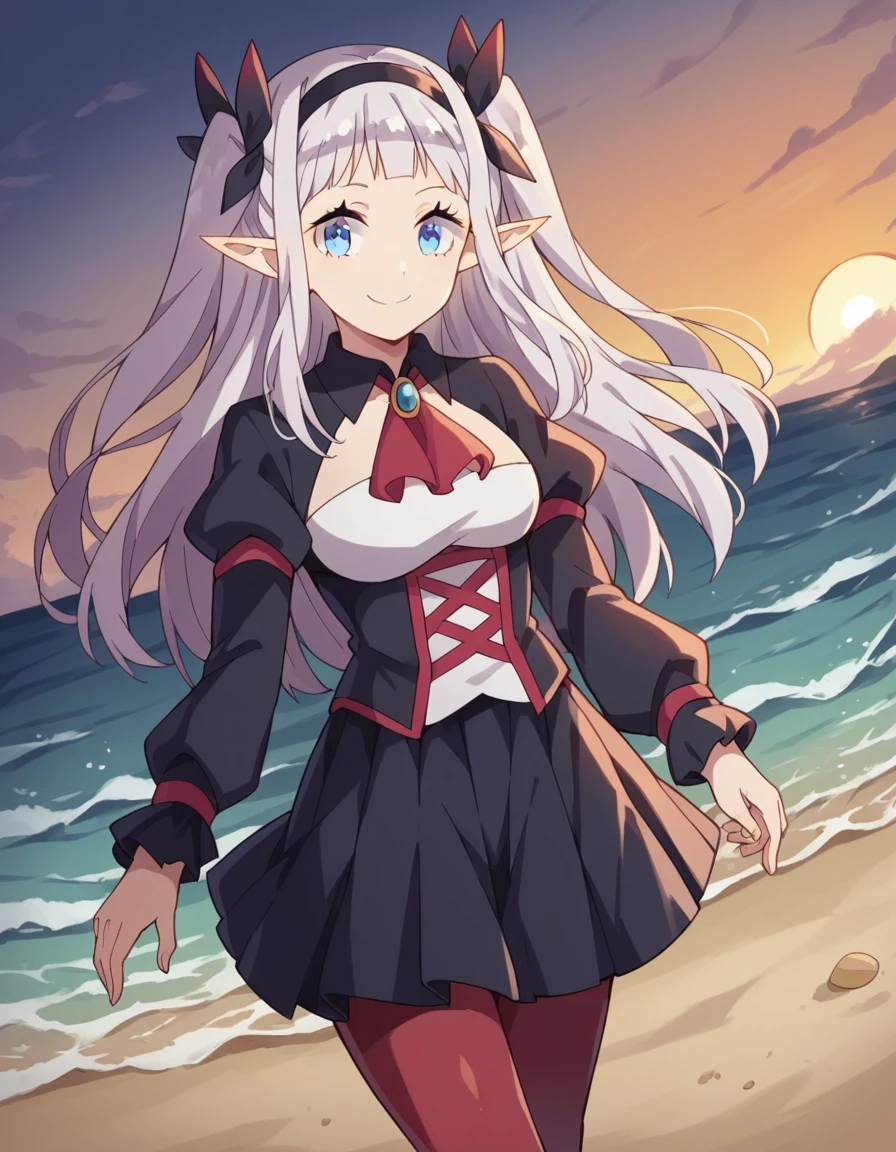 score_9, score_8_up, score_7_up, source_anime, <lora:rurushi-ru-s1-ponyxl-lora-nochekaiser:1>, rurushi ru, long hair, blue eyes, hairband, pointy ears, two side up, white hair,, dress, puffy sleeves, black dress, ascot, brooch, skirt, long sleeves, pantyhose, pleated skirt, puffy sleeves, black skirt, black hairband, red pantyhose,, beach, sunset, walking along shore, footprints in sand, waves, peaceful, smile, looking at viewer, hand palm facing up, solo,, cowboy shot, dutch angle