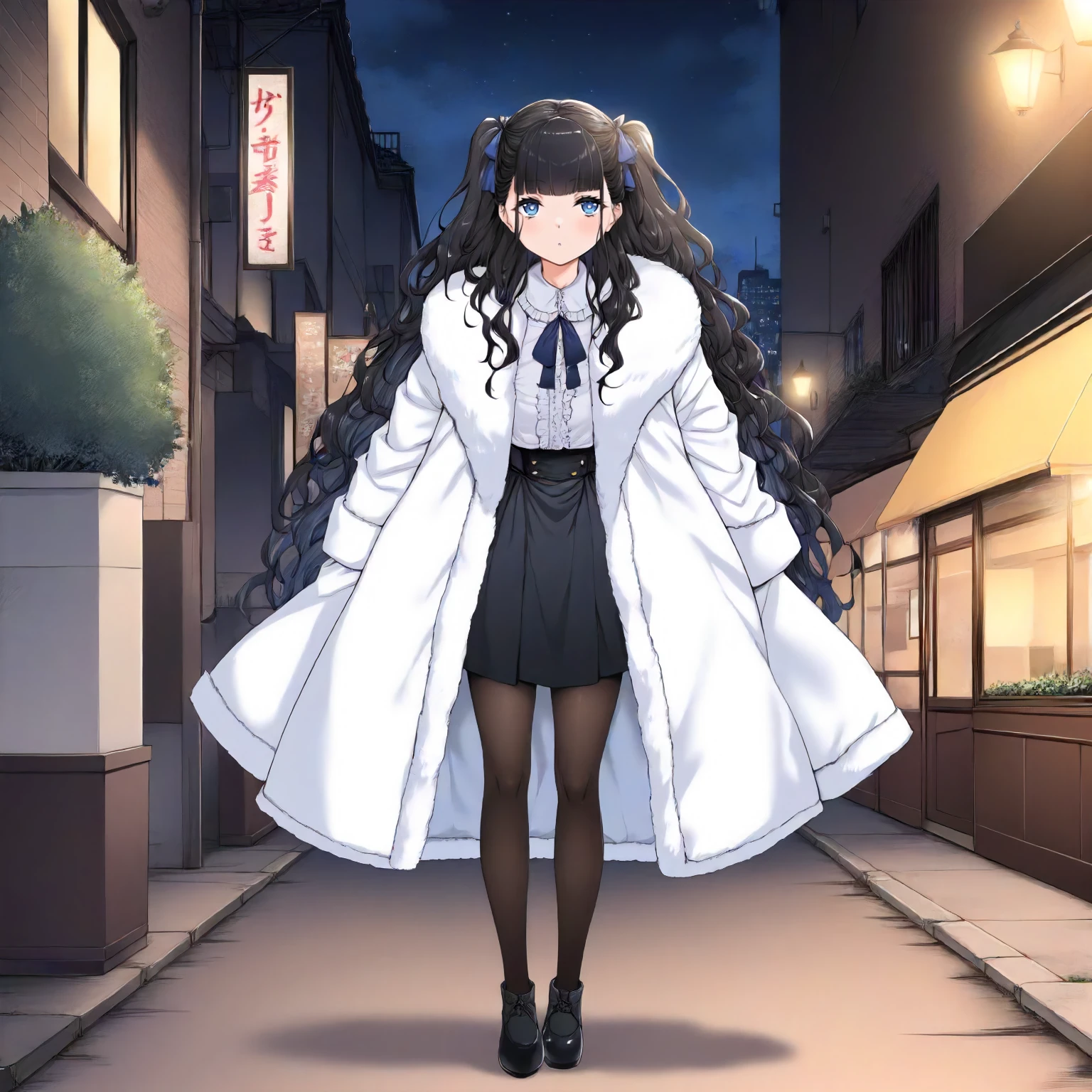 <lora:JJtYM_YusaXL006>,
outdoors,night,
solo,
Yusa,1girl,black hair,long hair,two -side up,blue eyes,
white coat,fur coat,white shirt,frilled_shirt,
high west skirt,black skirt,
pantyhose,
black shoes,
full body,standing,