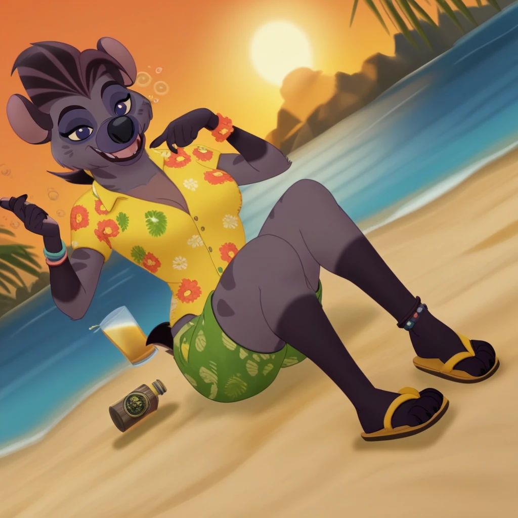 score_9, score_8_up, score_7_up, (((Barefoot furry character, full body, cinematic setting, furry female, anthro, plantigrade))), (((Jasiri))), hyena girl, solo, in a (((yellow Hawaiian shirt))) with green or purple pattern, wearing shorts, prominent breasts, leather bracelets, leather anklets, nice feet paws, feet towards the viewer, feet POV, (((female stylish sandals))), dynamic pose, smile, drinks whiskey, (((drunk))), sleepy, sitting on beach, near beach bar, (((sunset))), (((outdoors))), focus on feet paws, (((dutch angle))) BREAK, intricate details, highly detailed, extreme detail, octane render, fine art, best quality, highres, (detailed face:1.5), ((full_body)), UHD, (((perfect hands))), low light, anime