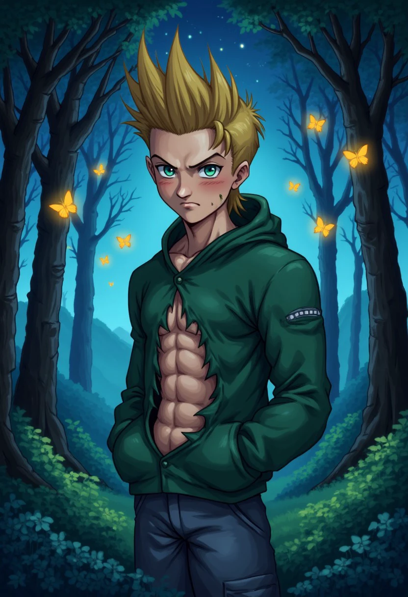 A Young man blonde hair green chaket whith hood and grey pants and black boots and green and blue eyes the chaket is broken and exposed the abs
BRAKE 
in alien forest, iluminated colors butterflys, night time, very stars in the sky