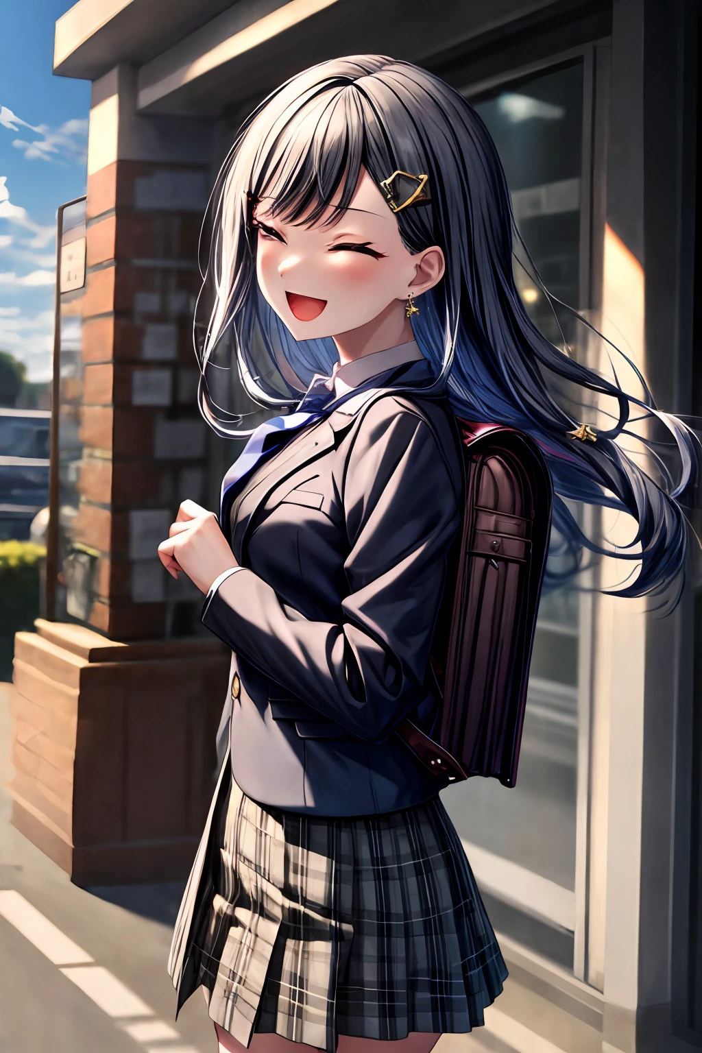 (masterpiece), best quality, expressive eyes, perfect face, shiraishi_an, smile, open mouth,  skirt, shirt, hair ornament, long sleeves, jewelry, school uniform, jacket, closed eyes, white shirt, :d, pleated skirt, earrings, outdoors, necktie, sky, solo focus, hairclip, bag, star (symbol), blue skirt, black jacket, plaid, ^_^, plaid skirt, blazer, backpack, grey skirt, school bag, star hair ornament, star earrings, charm (object), <lora:2a82a2e5-0f1a-46a2-abe9-35b378f754b3:0.7>, <lora:more_details:0.7>