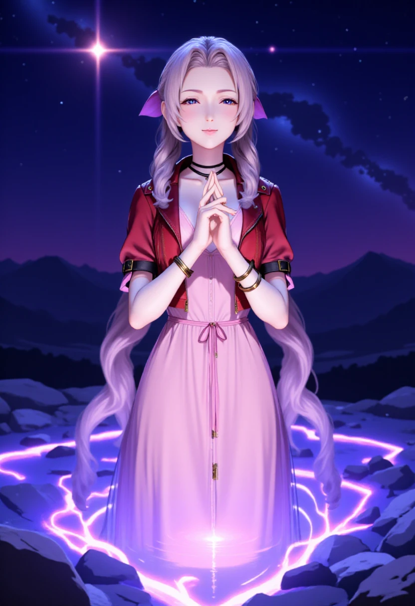 <lora:Aerith_Gainborough_on_Flux:1> BMStyle, Anime picture of aer1th,  closing her eyes and pressing her hands together in prayer. She is standing in a glowing pool of water, at night, with a shooting start in the sky. wearing a cropped red jacket, pink dress and a pink bow. <lora:Black_Magic_XL_Style_V2.0:0.8>