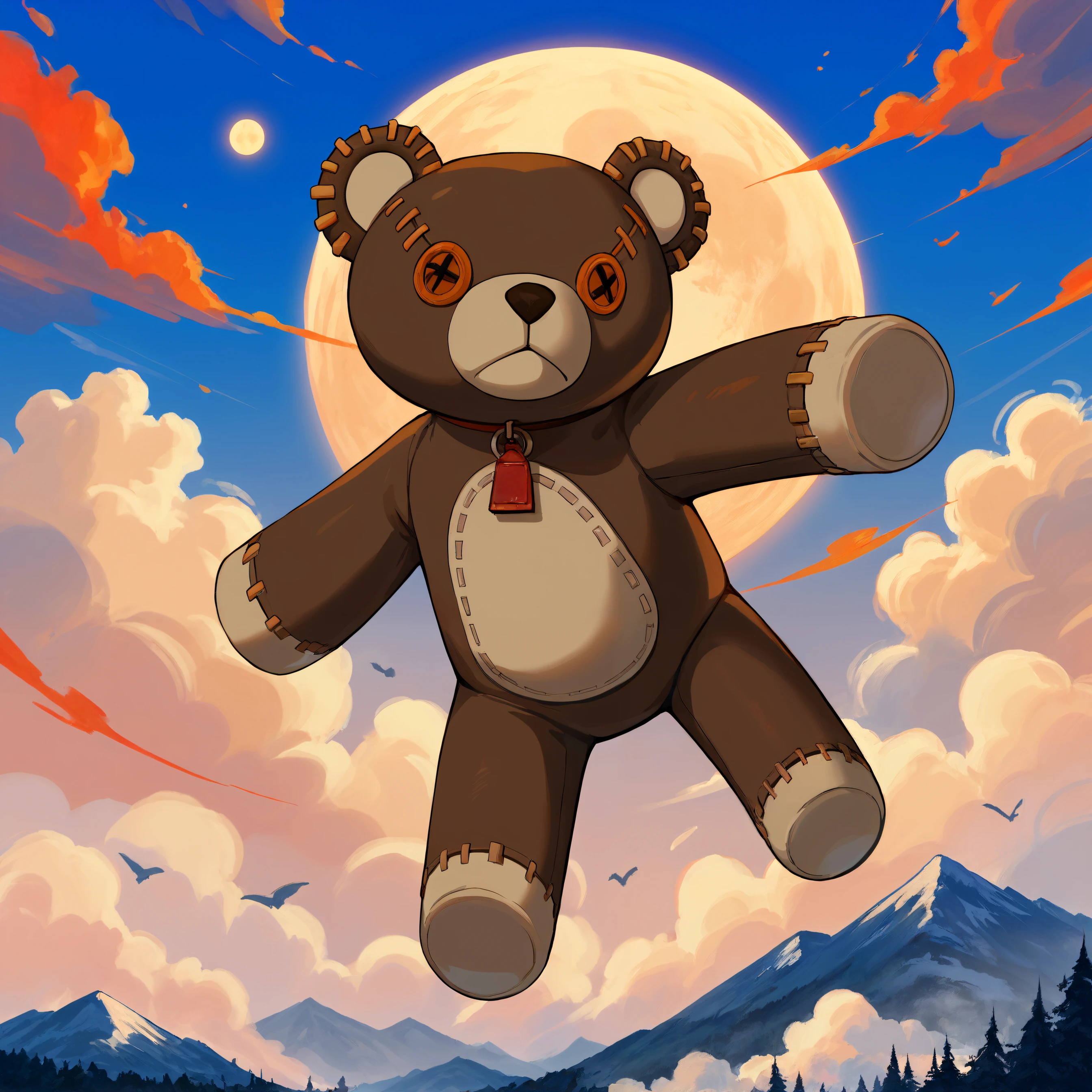 (score_9, score_8_up, score_7_up),source_anime, Gu1ltyG3arStr1veR0g3r, stuffed_toy, stuffed_animal, teddy_bear, x_x, button_eyes, nature, mountains, tyndall effect, sunset glow, floating ashes,beautiful, detailed, red moon,fire cloud, cloudy sky