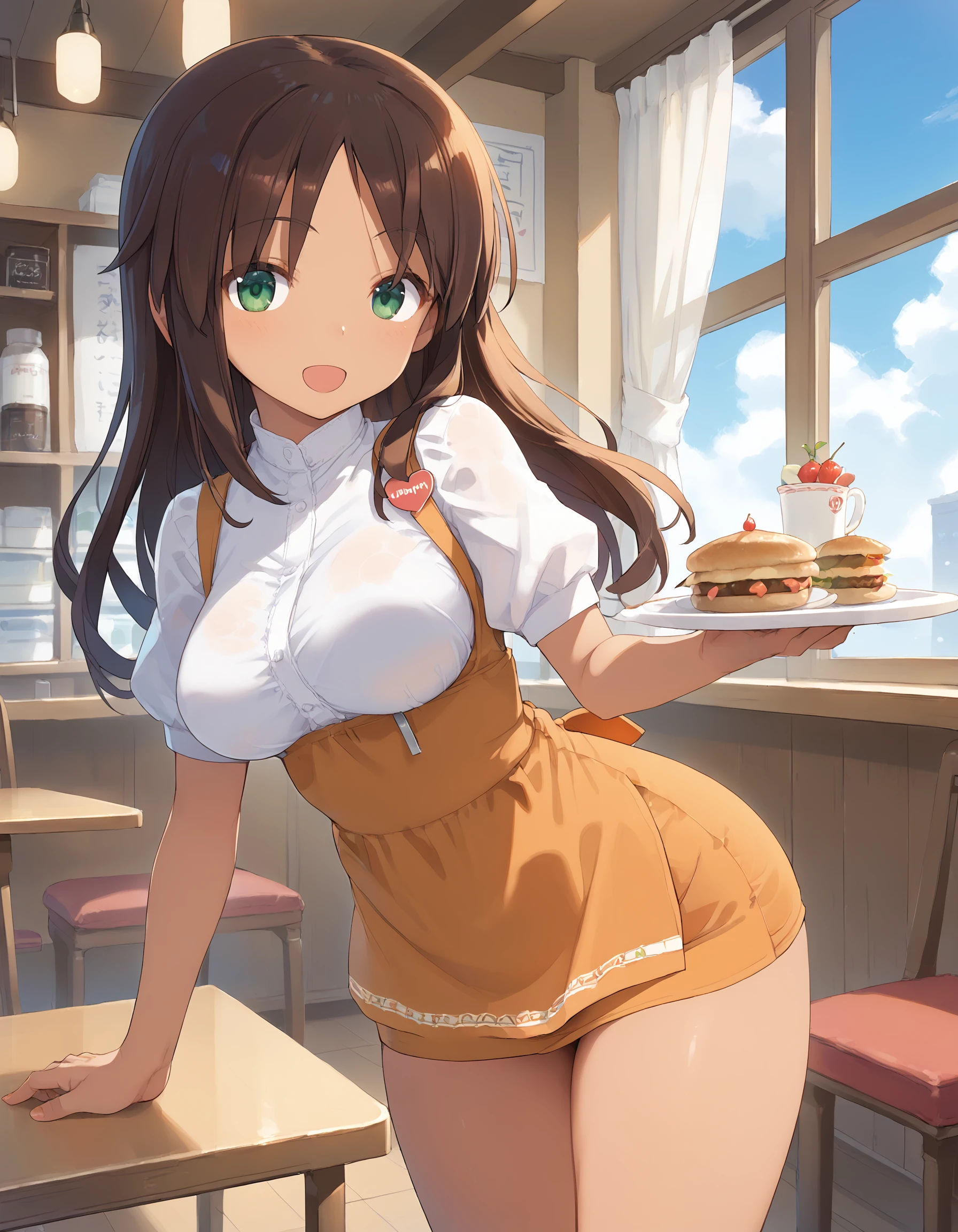 score_9, score_8_up, score_7_up, source_anime,
1girl,solo, looking at viewer, happy, smile, tray, open mouth, 
indoors, cafe, window,  sunlight, 
<lora:KaneshiyaSitara_pony_v1:0.9> knsystr, dark-skinned female, long hair, brown hair, parted bangs, green eyes, large breasts,  medium breasts,
 <lora:annamiller_Pony_v1:1> anna miller, thighs,