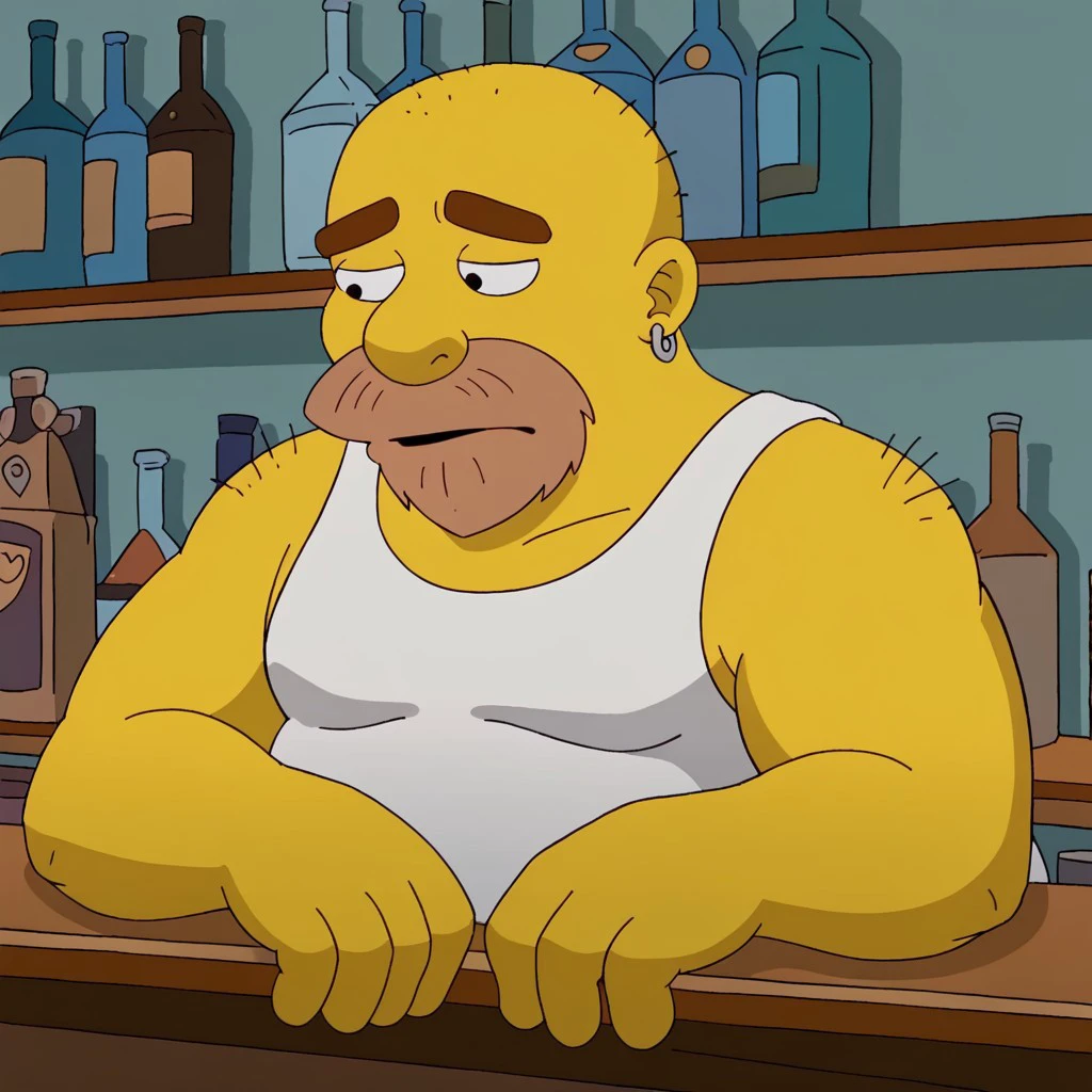 Grizzly Shawn, male, solo, yellow skin, prominent nose, fat, bald head, brown beard, 2d, earring, white tank top, thick arms, round eyes, black eyes, thick eyebrows, detail background, 4k, masterpiece, best quality, highly detailed, Grizzly Shawn sitting at the bar, with a calm expression. The bar has dim lighting, and the background shows bottles on shelves