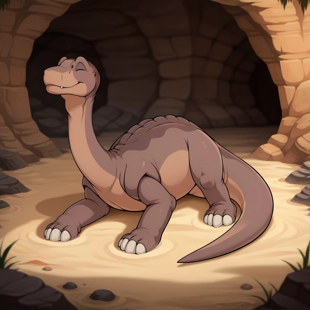 score_9, score_8_up, score_7_up, score_6_up, source_furry, littlefootlbt, feral, male, Apatosaurus, scalie, dinosaur, sauropod, brown skin, eyes closed, quadruped, legs spread out, sprawled_legs, lying, on the ground, inside a cave, sand, <lora:e06e469f-d170-4ad4-9c25-f62d4356852d:0.7>