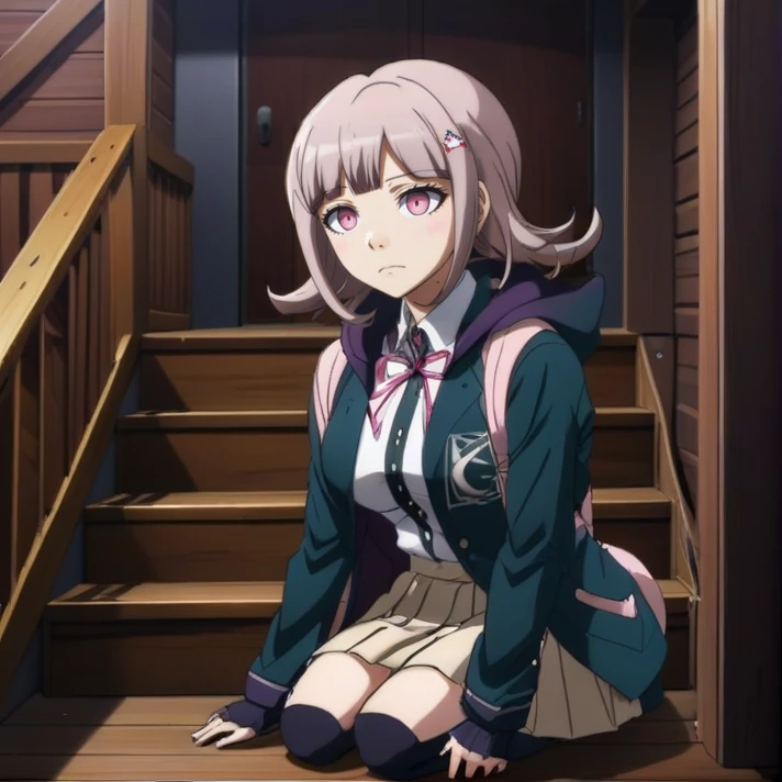 solo, zPDXL2, 4n1v3rs3, (2D anime style) , <lora:Chiaki_Nanami_SDXL:1>, This anime screencap is from Danganronpa the Animation. Chiaki Nanami is wearing her uniform from Danganronpa 2. Chiaki's hair slightly curls outwards, though the locks on either side of her face curl inwards. Chiaki Nanami's hair is a dusty light pink that is almost light brown. She has short straight bangs split towards the right, a white Galaga hairclip pinned to a lock of her hair. She has blossom pink eyes. She wears a white button-up shirt with a dark teal-gray front placket. She wears a light pink ribbon tied around her neck in a bow, with a pale beige pleated skirt. This also includes a one-button dark teal-gray hooded cardigan with gray horizontal lines running across the hem and sleeves, the Hope's Peak crest on the chest pocket. She also sports black thigh-high socks and light pink Mary-Jane style shoes with white soles. Chiaki Nanami crouches on the ground with a worried expression on her face. Her hands are outstretched, as if she's trying to reach for something. Her cat-ear hood and cat-shaped pink backpack are visible as her back is facing the viewer. Above and behind her, a wooden staircase leads up to the old cabin's closed door. A dark, wooden latticework fence separates the steps from the rest of the scene. To the right of Chiaki, Gundham Tanaka is staring down at Chiaki with a menacing glare. The background is a dark grey. Gundham Tanaka wears a long, black jacket that stops below his knees and is left open, with a dark red coloring on the inside. Gundham's left sleeve is rolled up to the elbow and fastened to the jacket with silver pins. Gundham wears a long purple scarf, wrapped around his neck and covering his chin. Vertical occult symbols are emblazoned on the back of his jacket and the ends of his scarf. Underneath his jacket, Gundham wears a white button-up layered over a slightly darker shirt with a grey-purple cross design on the chest. His black pants are tucked into black boots riddled with straps.