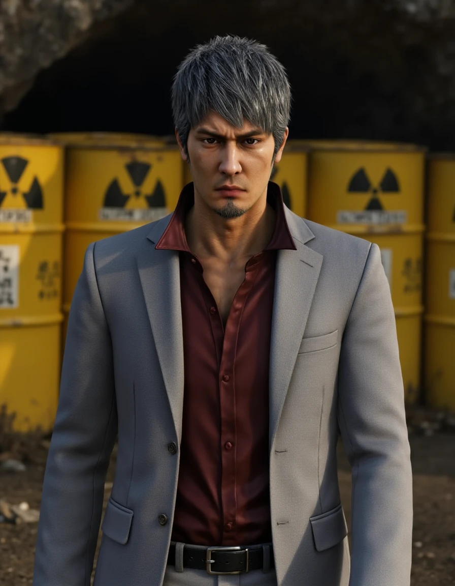 <lora:Kazuma_Kiryu_IW:0.9> Portrait of Kazuma Kiryu. He has messy hair and wears grey suit and red shirt. The background implies many yellow barrels with nuclear symbols inside a cave.